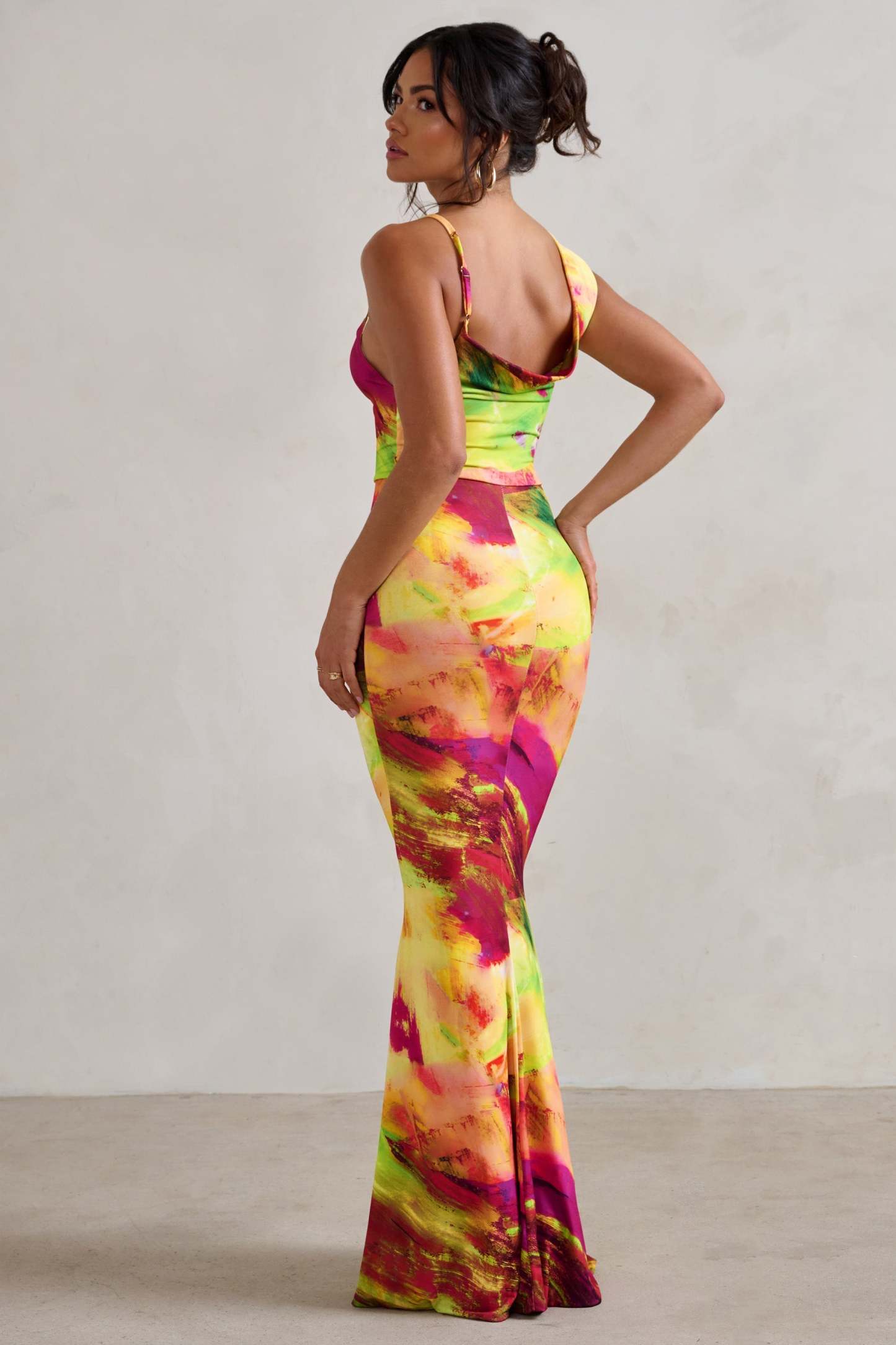 Phantasy Lime Print Asymmetric Neckline Cowl Maxi Dress-Fashionmomo.All Rights Reserved