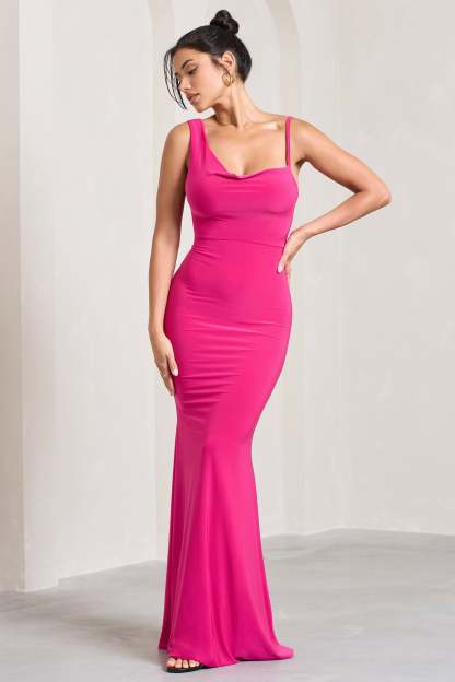 Phantasy Hot Pink Asymmetric Neckline Cowl Maxi Dress-Fashionmomo.All Rights Reserved