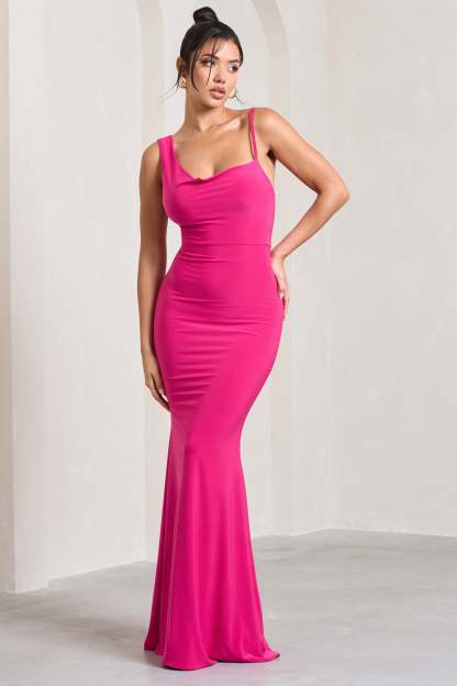 Phantasy Hot Pink Asymmetric Neckline Cowl Maxi Dress-Fashionmomo.All Rights Reserved