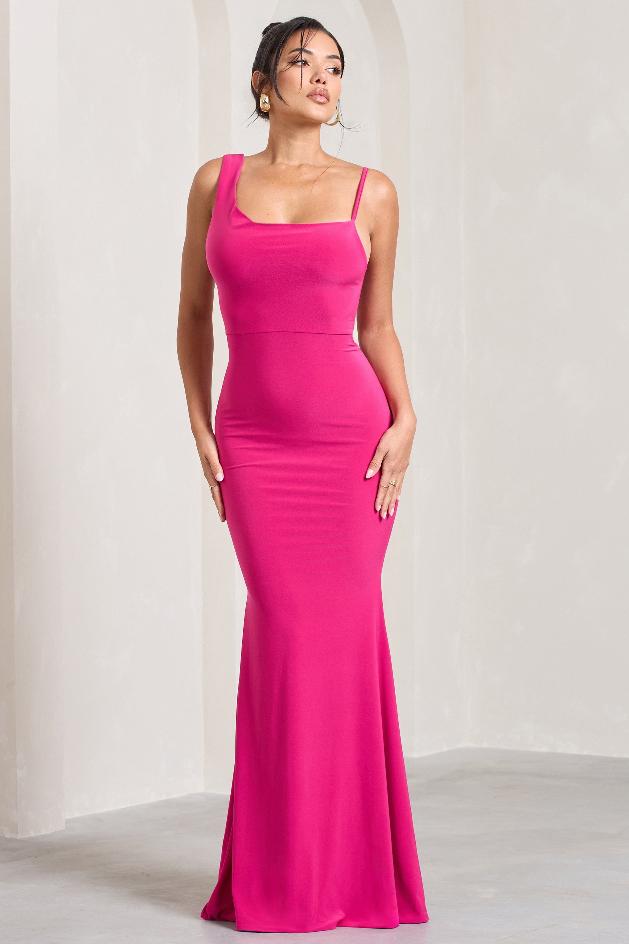 Phantasy Hot Pink Asymmetric Neckline Cowl Maxi Dress-Fashionmomo.All Rights Reserved