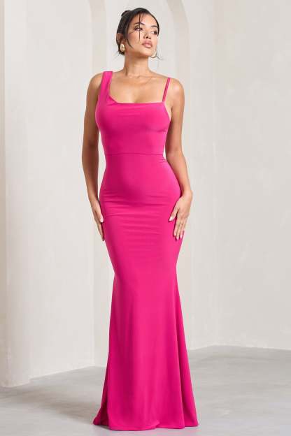 Phantasy Hot Pink Asymmetric Neckline Cowl Maxi Dress-Fashionmomo.All Rights Reserved