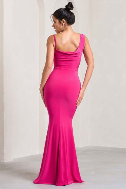 Phantasy Hot Pink Asymmetric Neckline Cowl Maxi Dress-Fashionmomo.All Rights Reserved