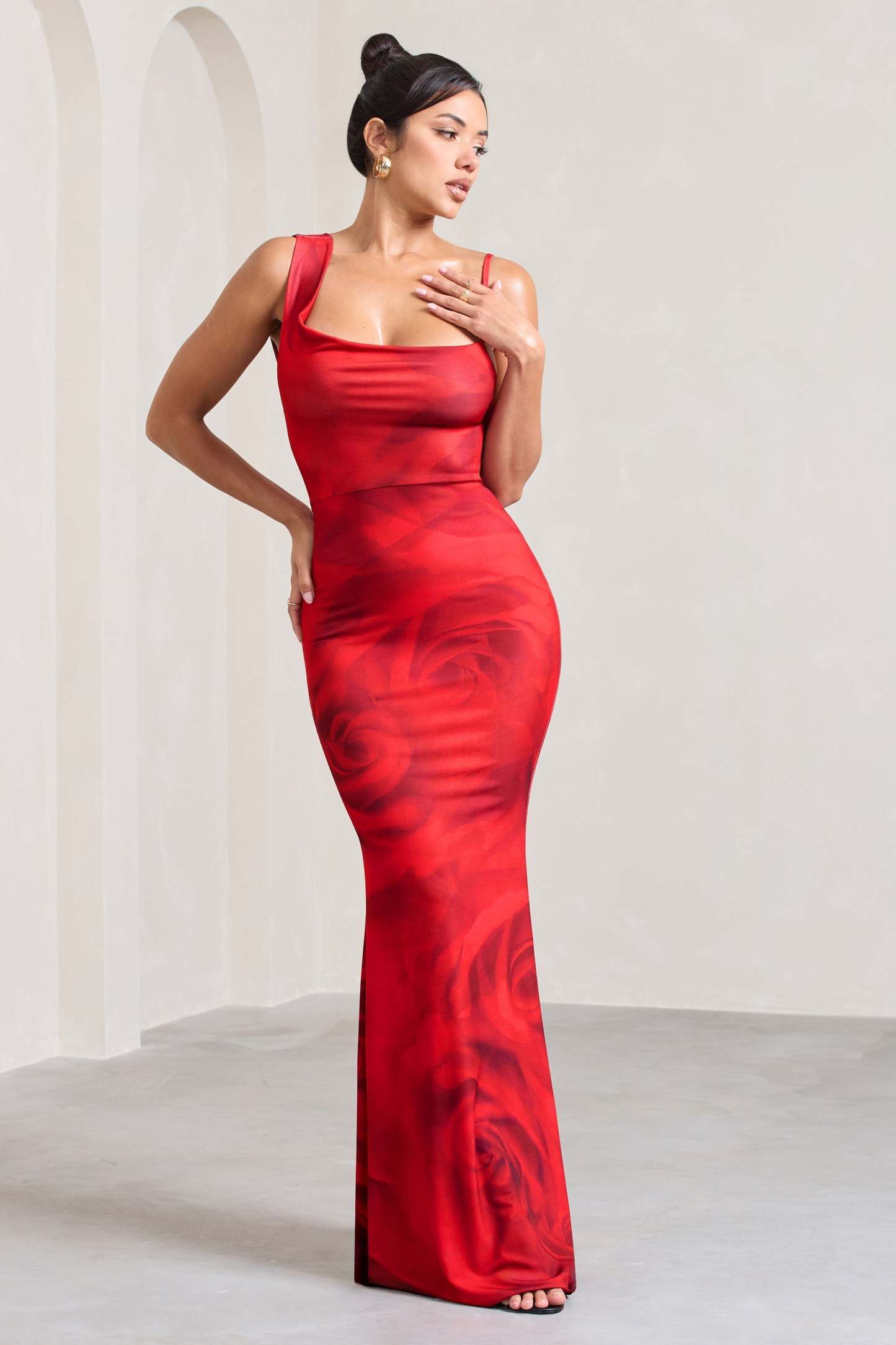 Phantasy Red Rose Print Asymmetric Neckline Cowl Maxi Dress-Fashionmomo.All Rights Reserved