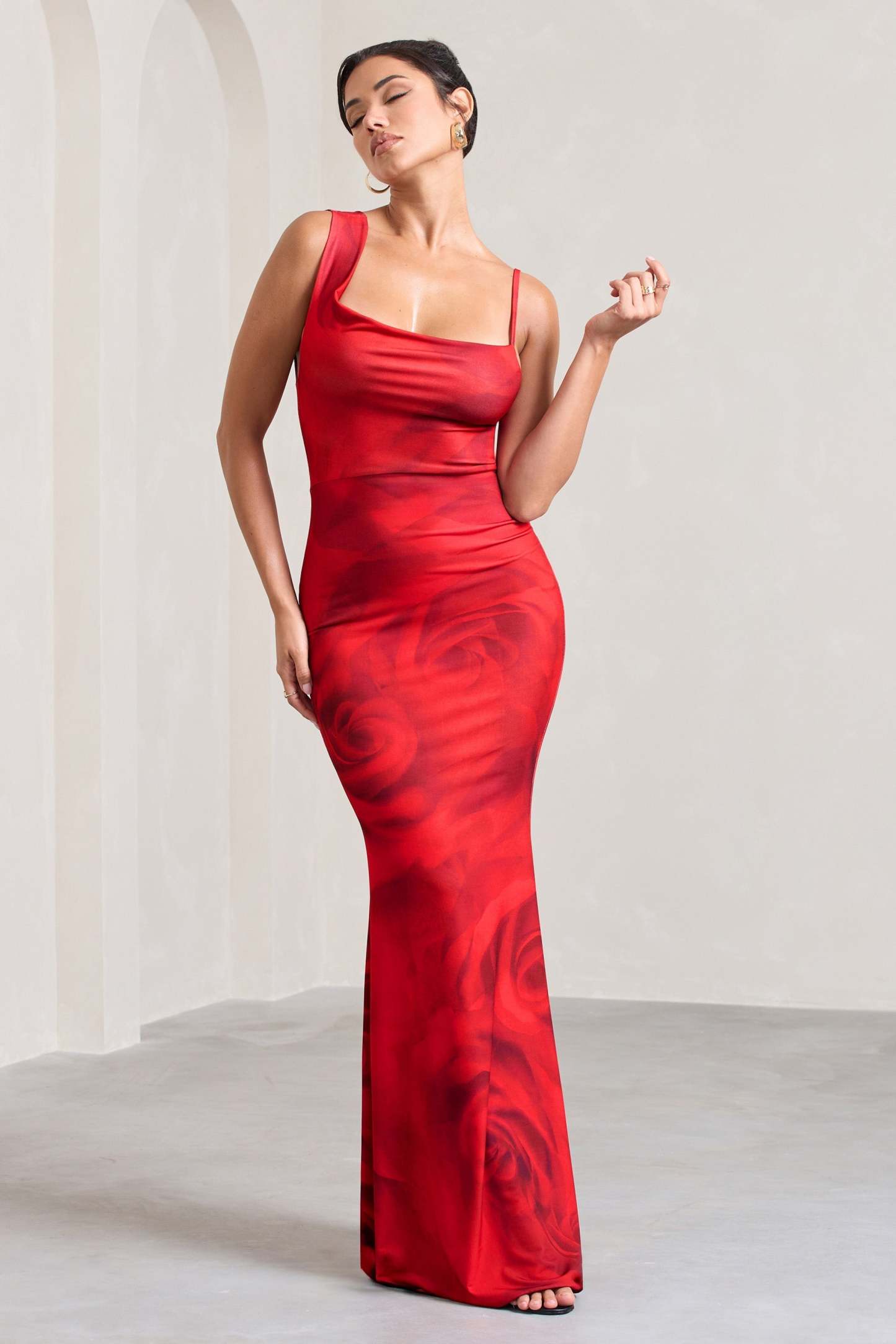 Phantasy Red Rose Print Asymmetric Neckline Cowl Maxi Dress-Fashionmomo.All Rights Reserved