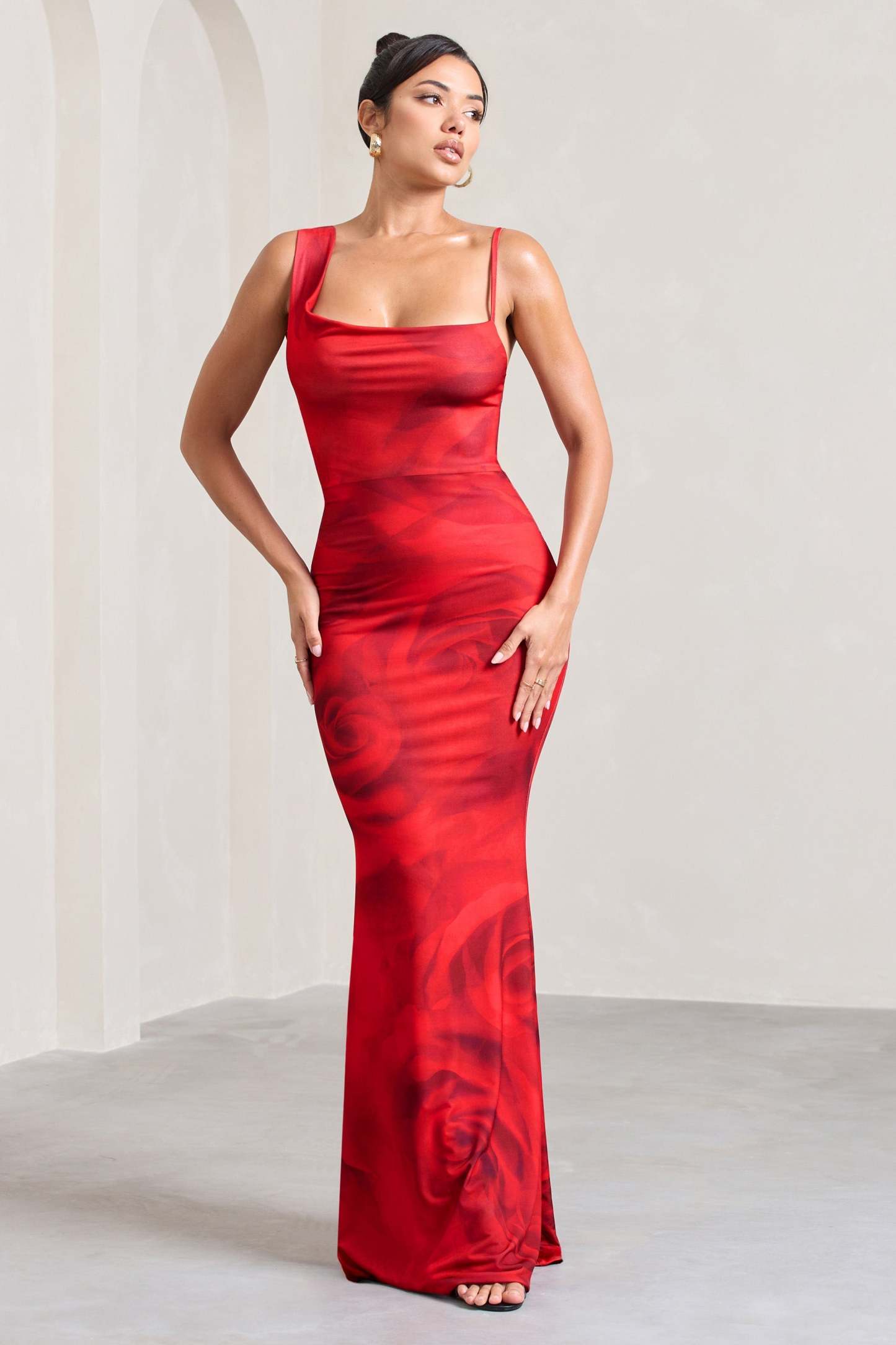 Phantasy Red Rose Print Asymmetric Neckline Cowl Maxi Dress-Fashionmomo.All Rights Reserved