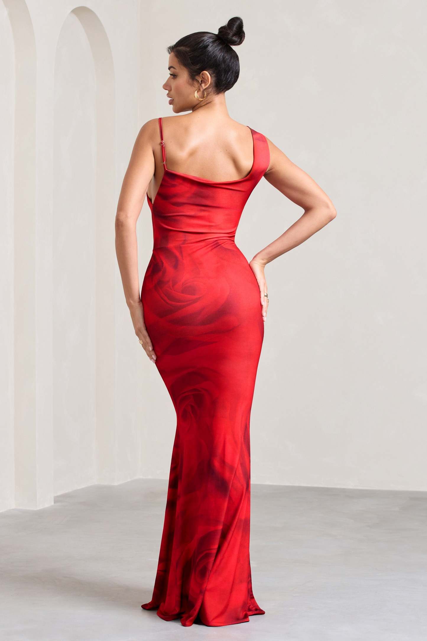 Phantasy Red Rose Print Asymmetric Neckline Cowl Maxi Dress-Fashionmomo.All Rights Reserved