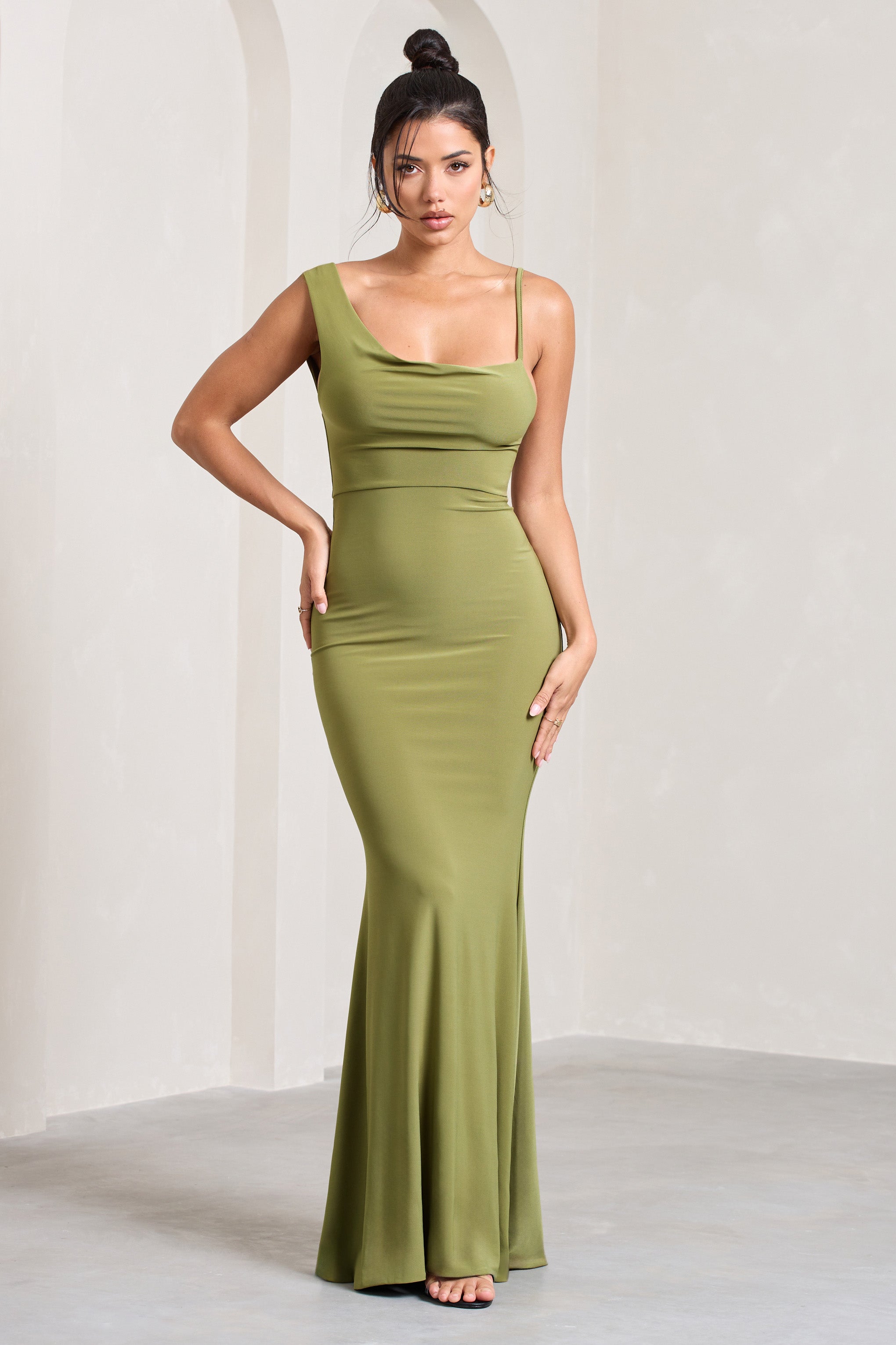 Phantasy Olive Asymmetric Neckline Cowl Maxi Dress-Fashionmomo.All Rights Reserved