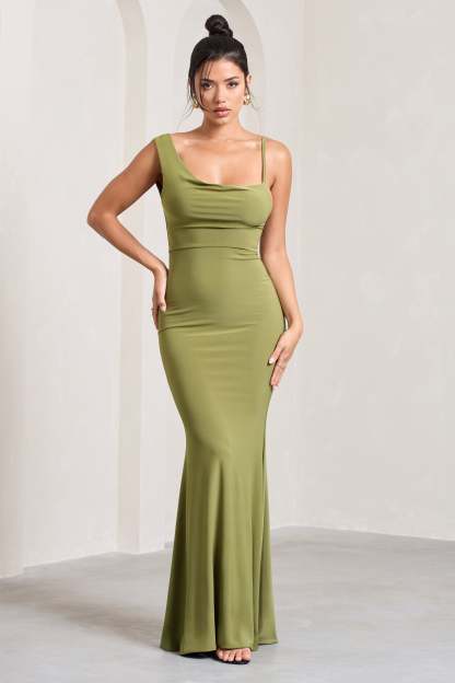 Phantasy Olive Asymmetric Neckline Cowl Maxi Dress-Fashionmomo.All Rights Reserved