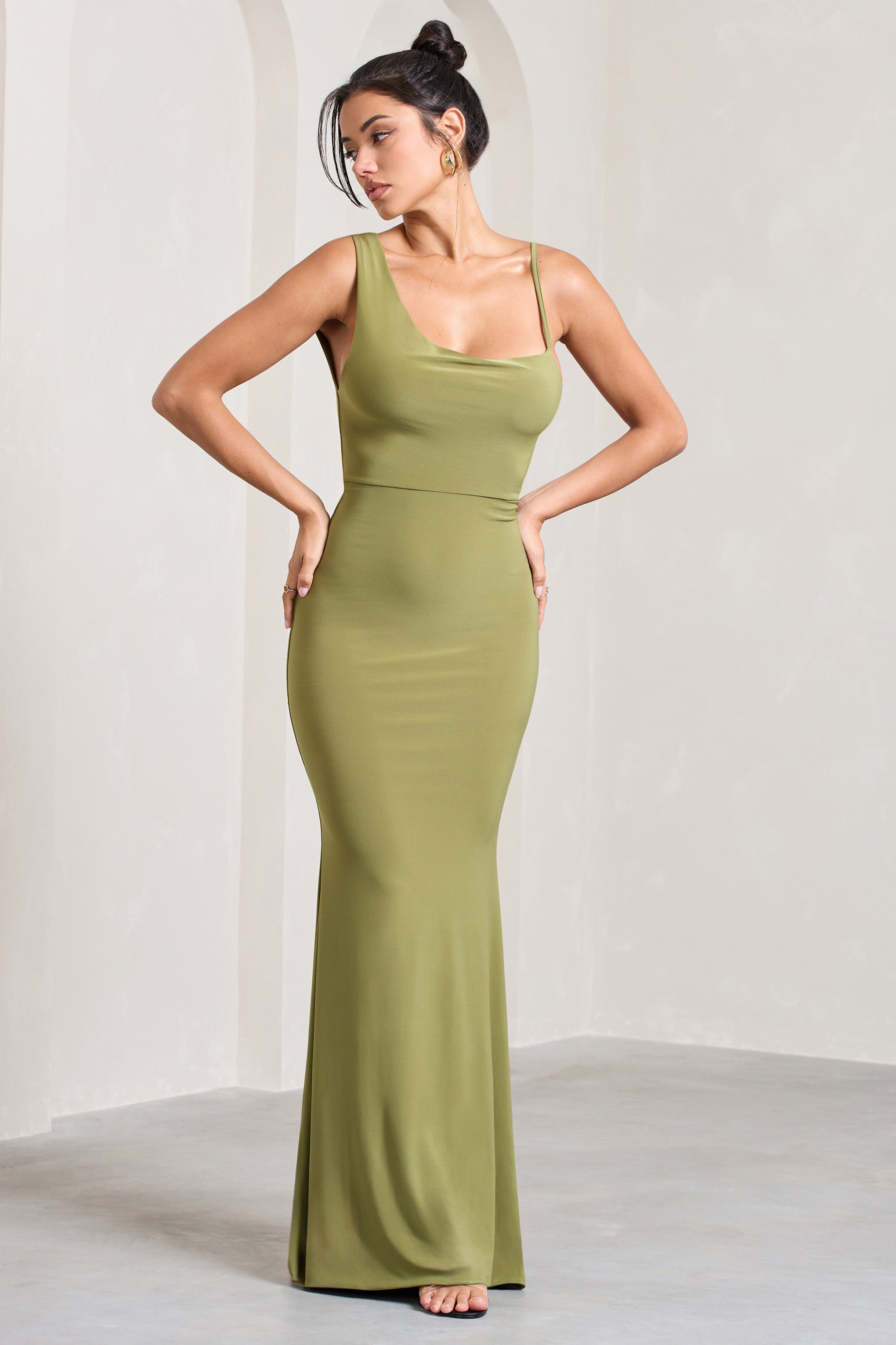 Phantasy Olive Asymmetric Neckline Cowl Maxi Dress-Fashionmomo.All Rights Reserved