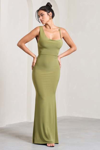 Phantasy Olive Asymmetric Neckline Cowl Maxi Dress-Fashionmomo.All Rights Reserved