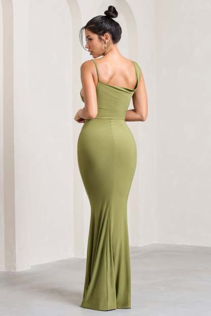 Phantasy Olive Asymmetric Neckline Cowl Maxi Dress-Fashionmomo.All Rights Reserved