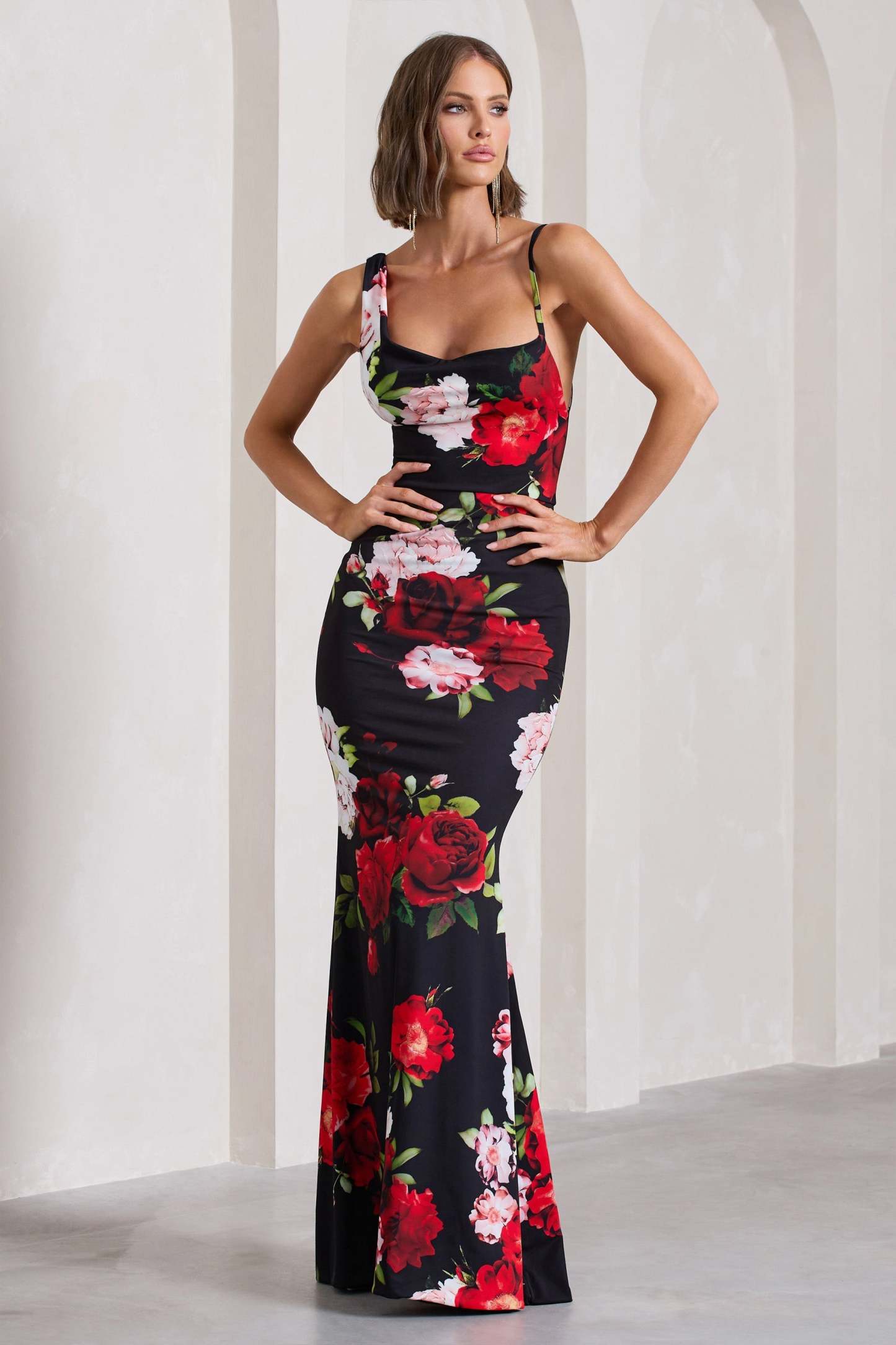 Phantasy Black Floral Print Asymmetric Neckline Cowl Maxi Dress-Fashionmomo.All Rights Reserved