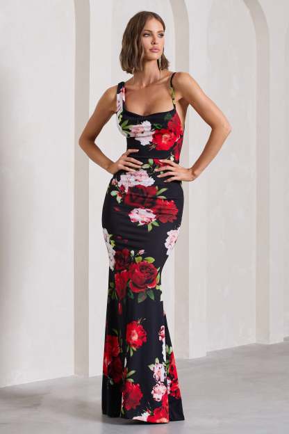 Phantasy Black Floral Print Asymmetric Neckline Cowl Maxi Dress-Fashionmomo.All Rights Reserved