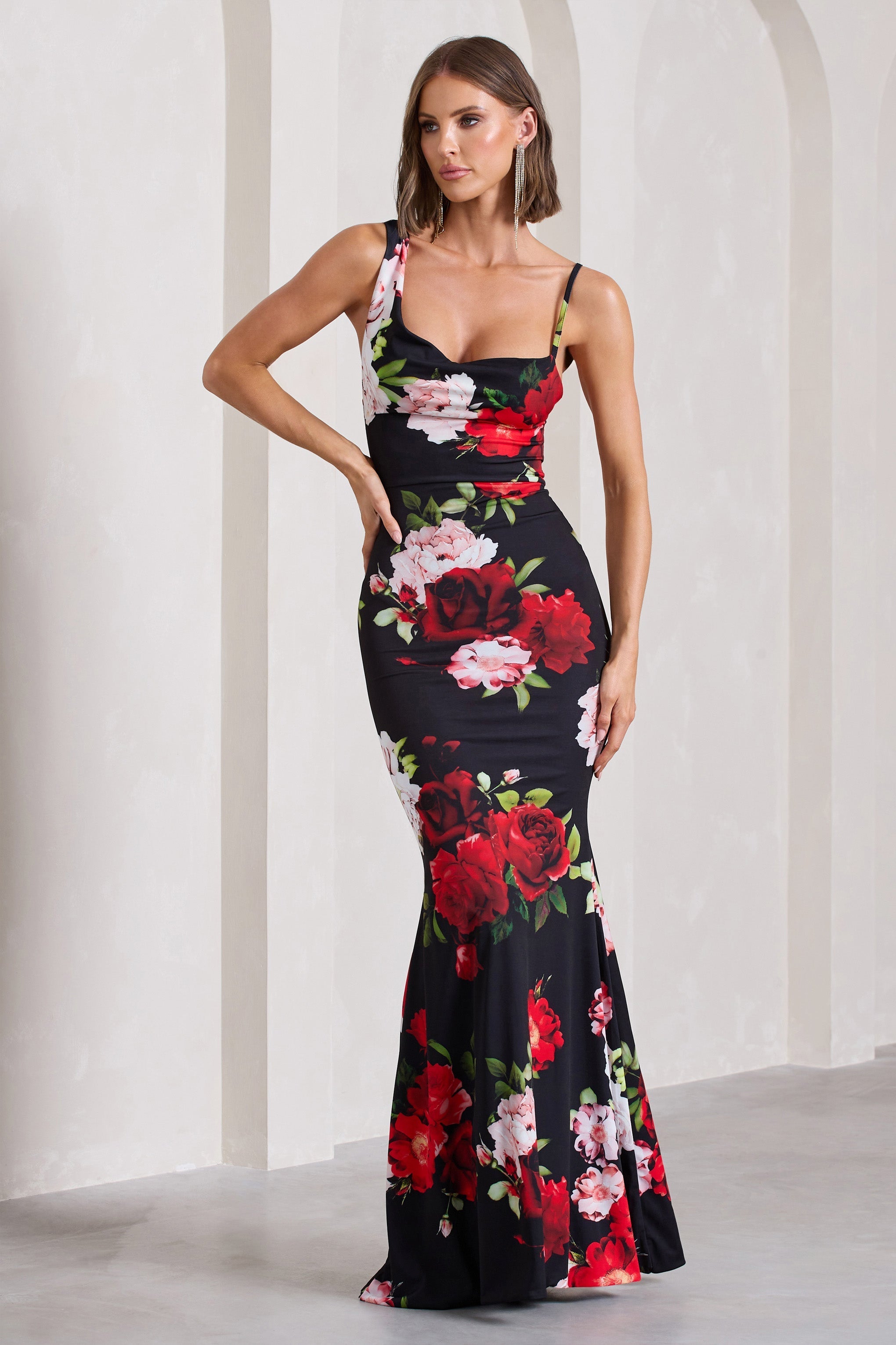 Phantasy Black Floral Print Asymmetric Neckline Cowl Maxi Dress-Fashionmomo.All Rights Reserved