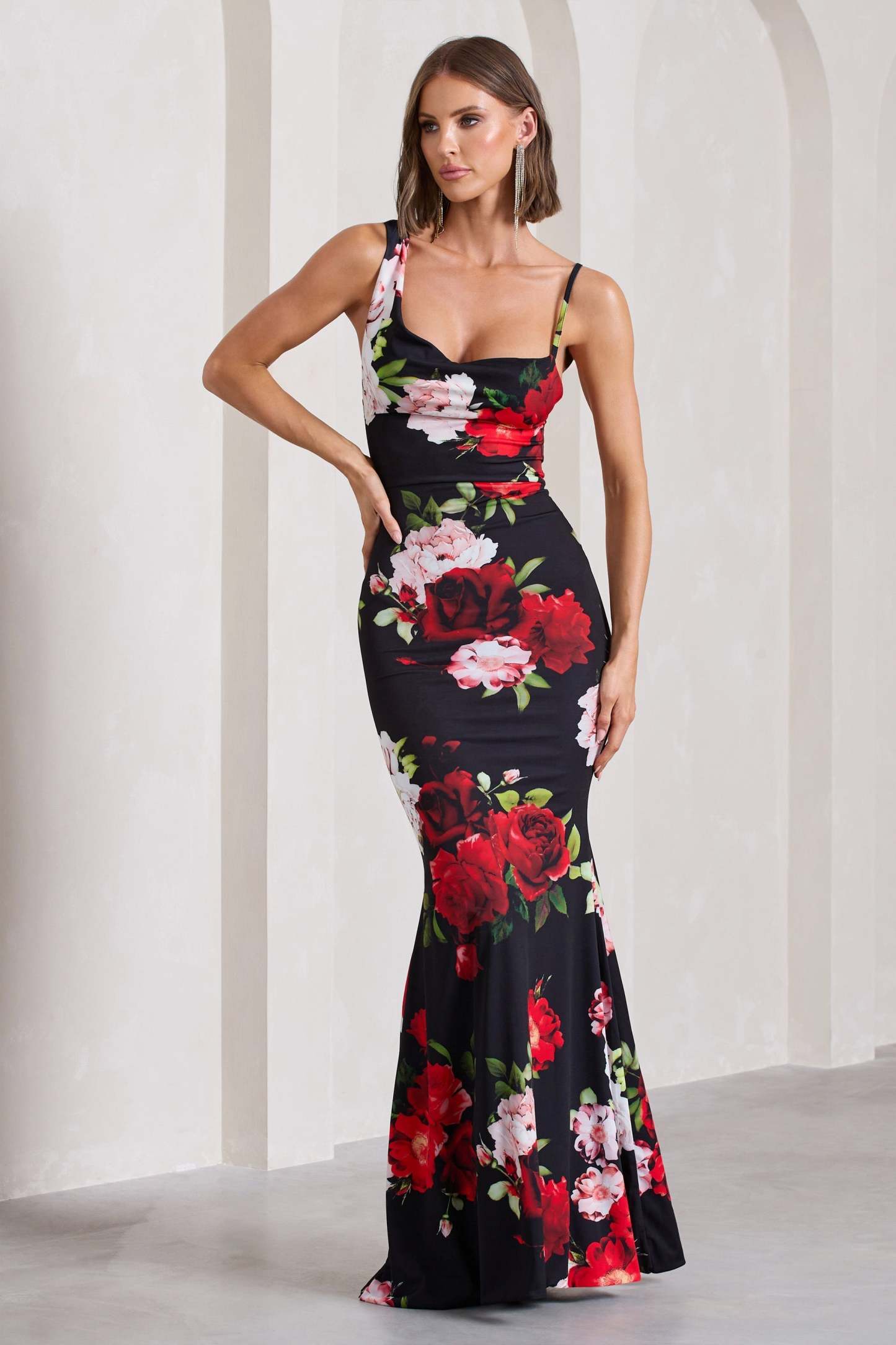 Phantasy Black Floral Print Asymmetric Neckline Cowl Maxi Dress-Fashionmomo.All Rights Reserved