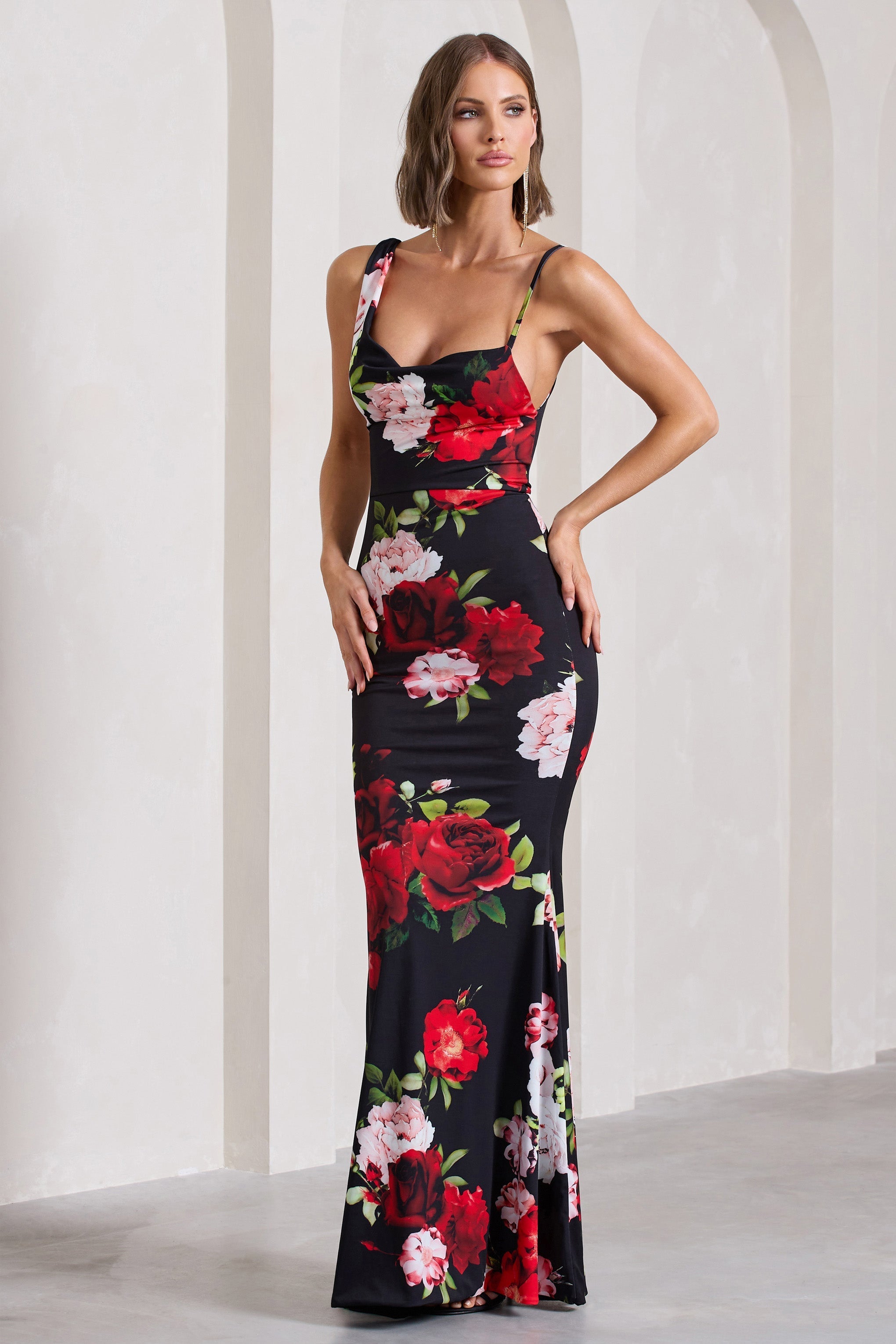 Phantasy Black Floral Print Asymmetric Neckline Cowl Maxi Dress-Fashionmomo.All Rights Reserved