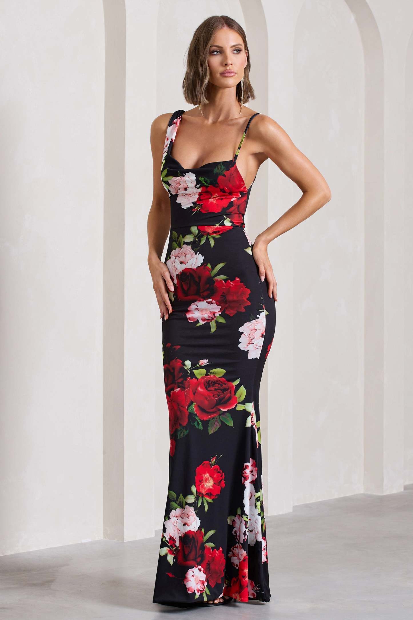 Phantasy Black Floral Print Asymmetric Neckline Cowl Maxi Dress-Fashionmomo.All Rights Reserved