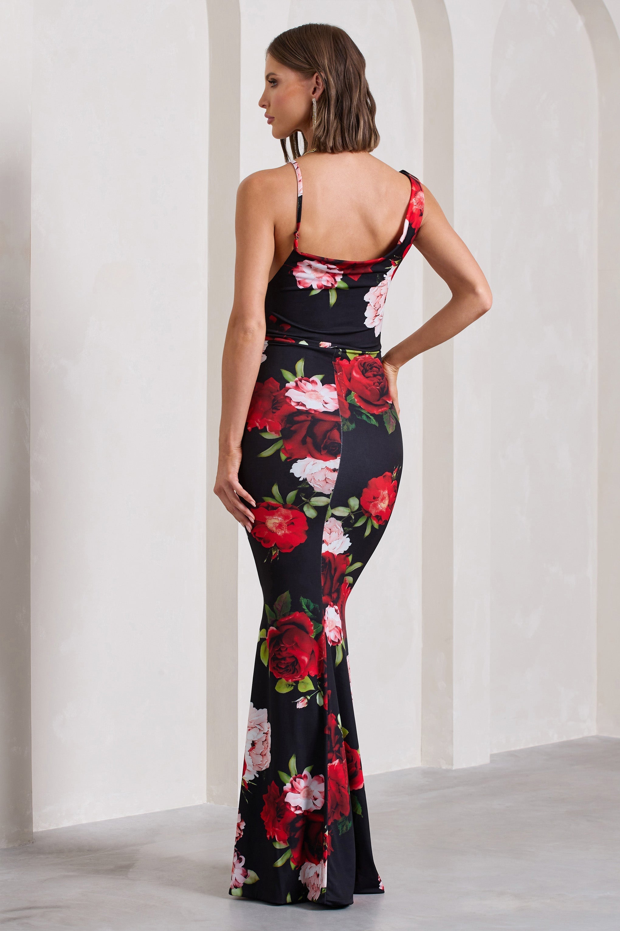 Phantasy Black Floral Print Asymmetric Neckline Cowl Maxi Dress-Fashionmomo.All Rights Reserved