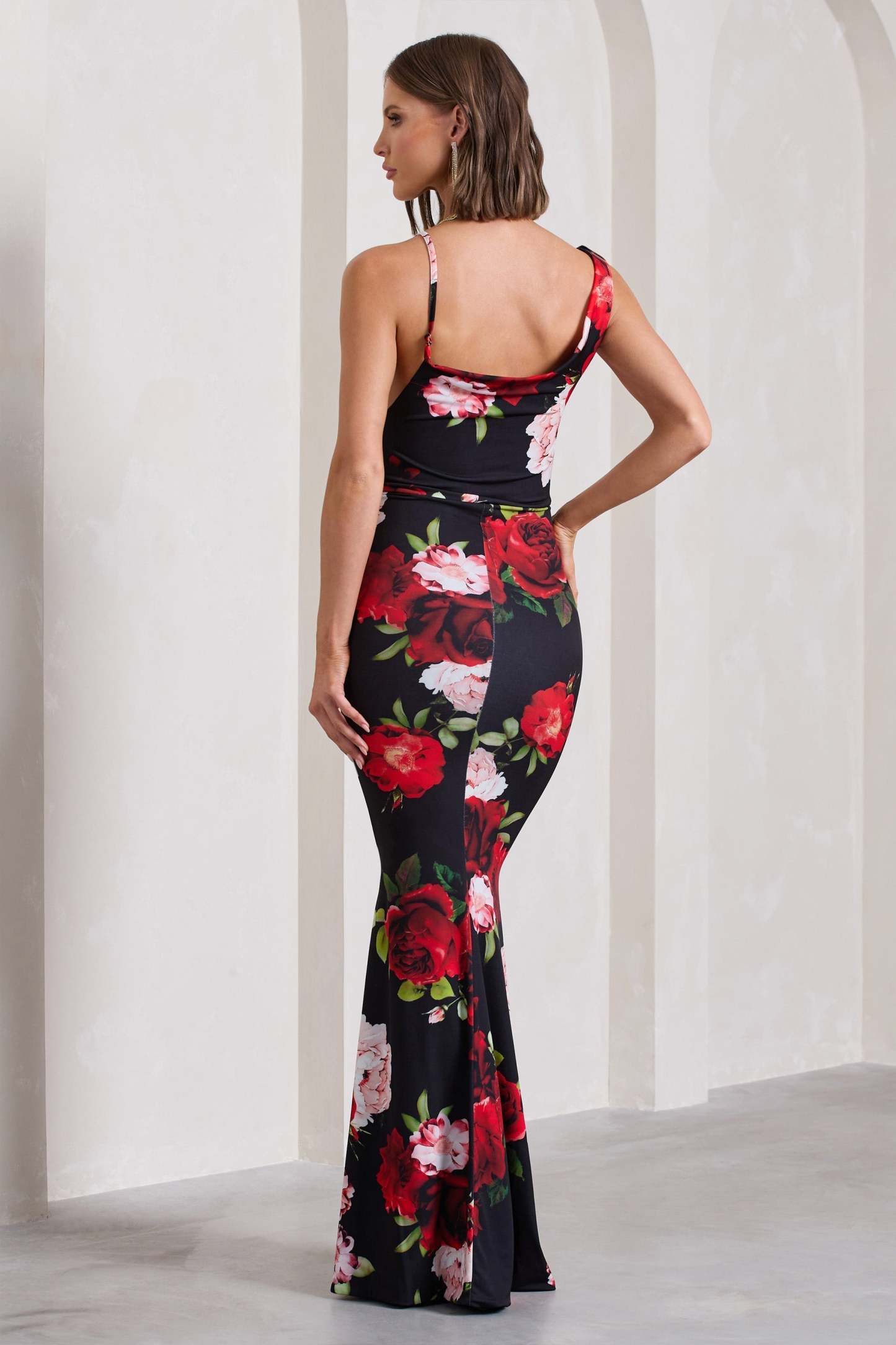Phantasy Black Floral Print Asymmetric Neckline Cowl Maxi Dress-Fashionmomo.All Rights Reserved