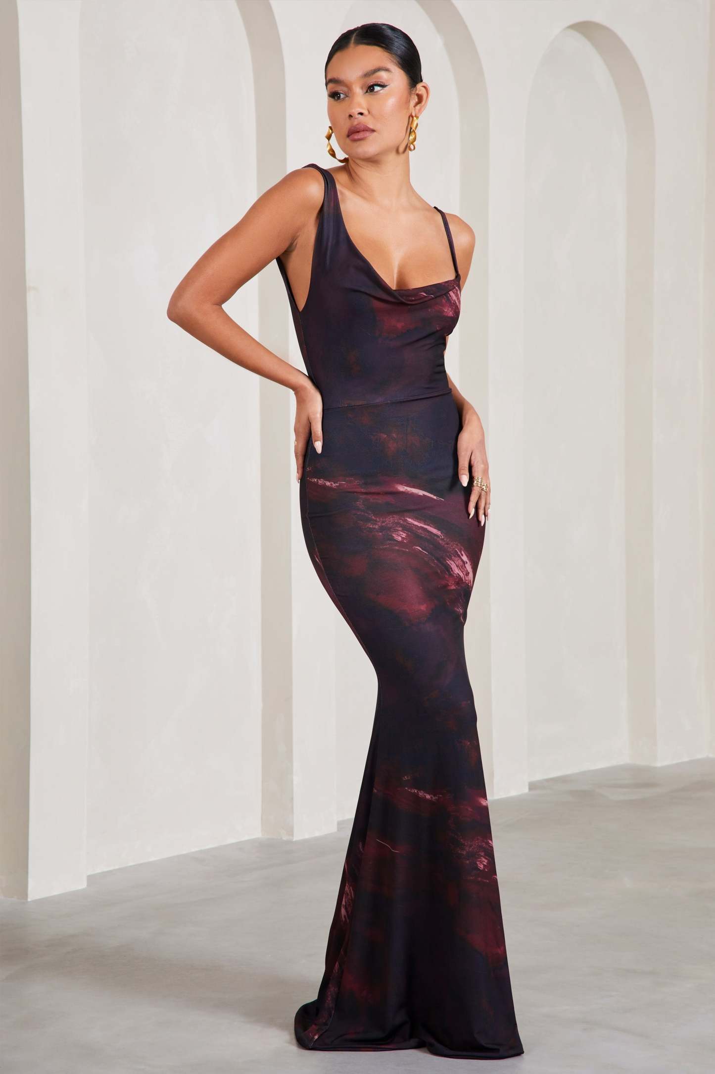 Phantasy Plum Print Asymmetric Neckline Cowl Maxi Dress-Fashionmomo.All Rights Reserved