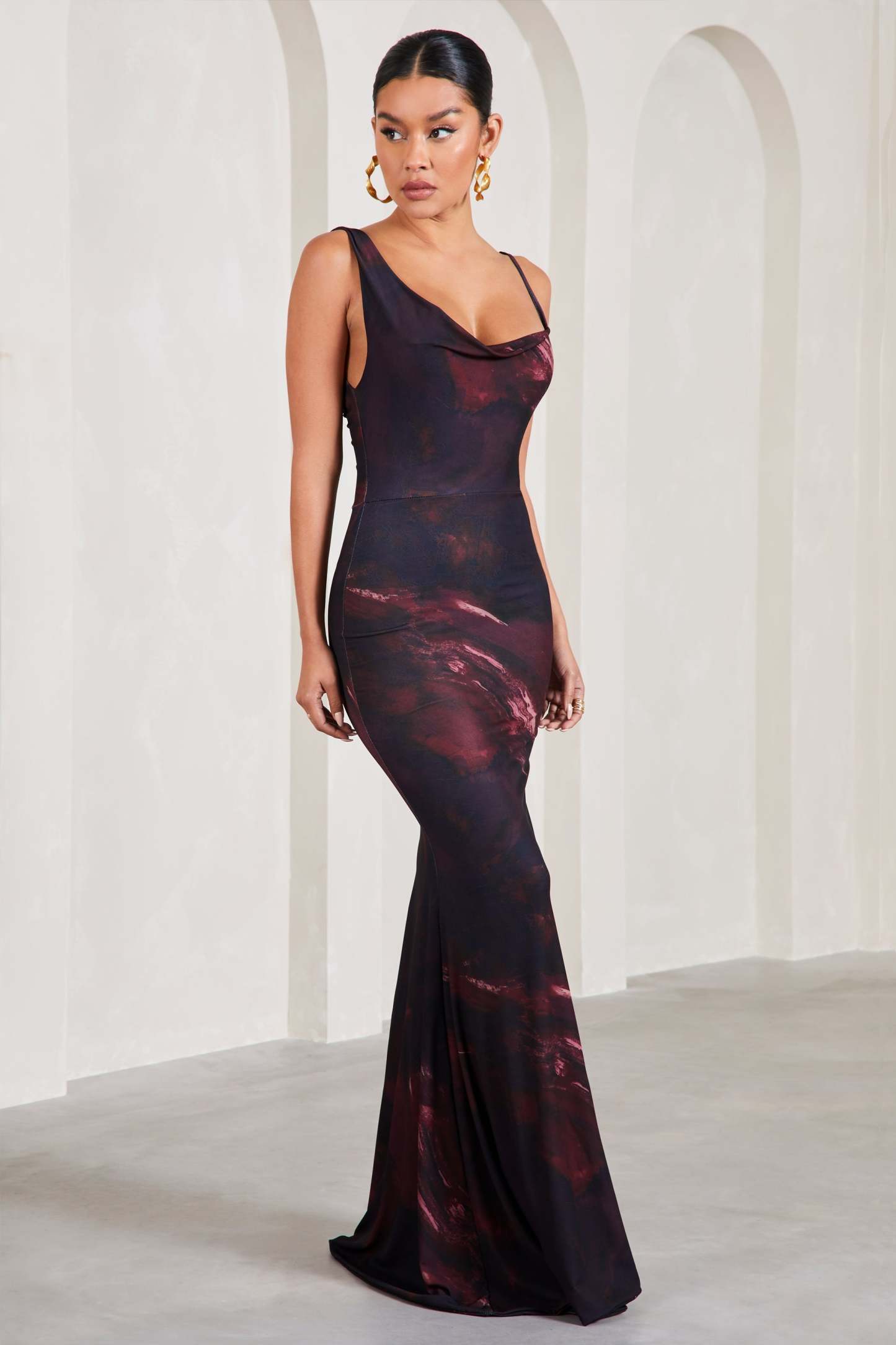 Phantasy Plum Print Asymmetric Neckline Cowl Maxi Dress-Fashionmomo.All Rights Reserved