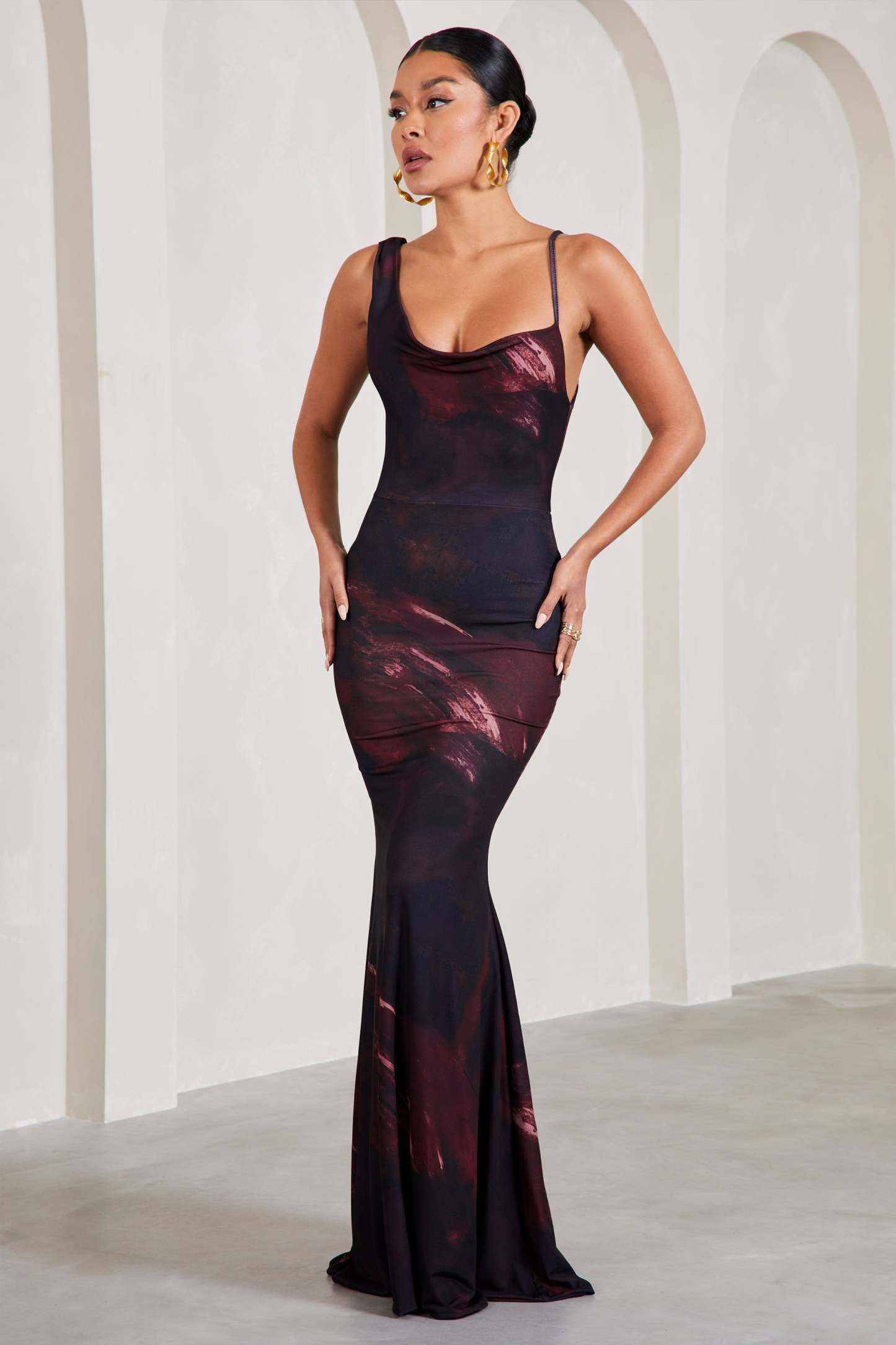 Phantasy Plum Print Asymmetric Neckline Cowl Maxi Dress-Fashionmomo.All Rights Reserved