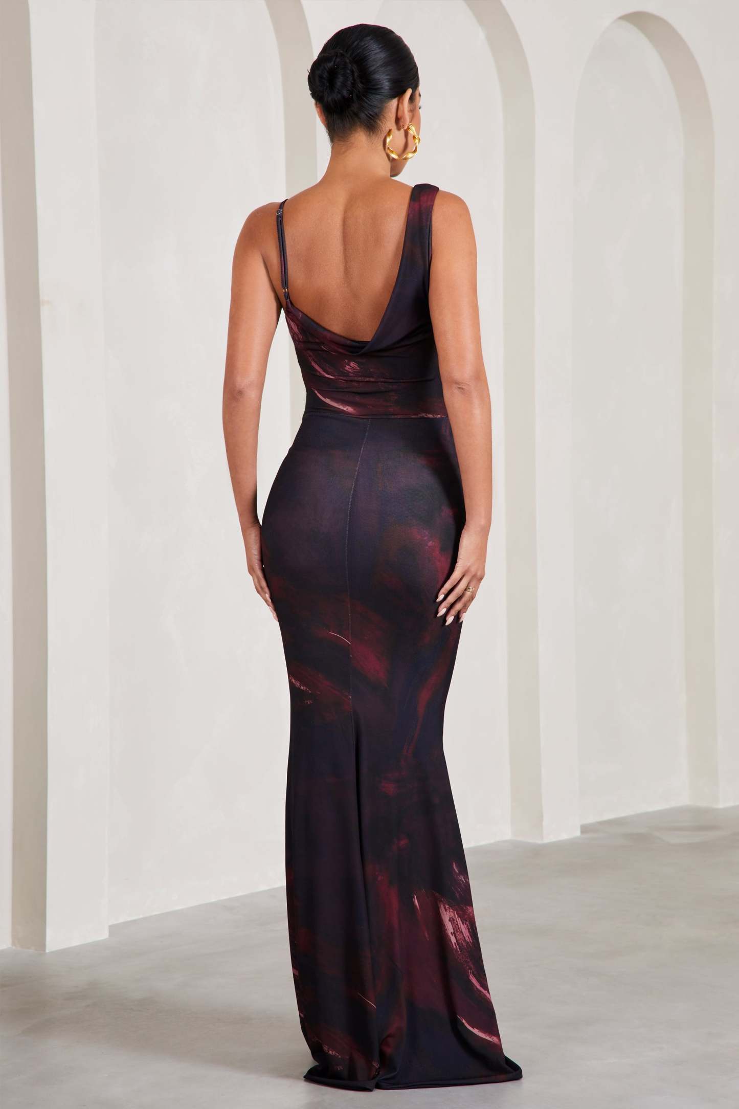 Phantasy Plum Print Asymmetric Neckline Cowl Maxi Dress-Fashionmomo.All Rights Reserved