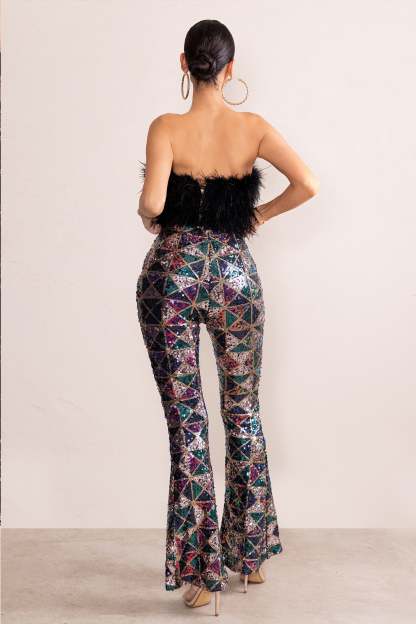 Heaven Sent Black Aztec Sequin Fit And Flare Trousers-Fashionmomo.All Rights Reserved