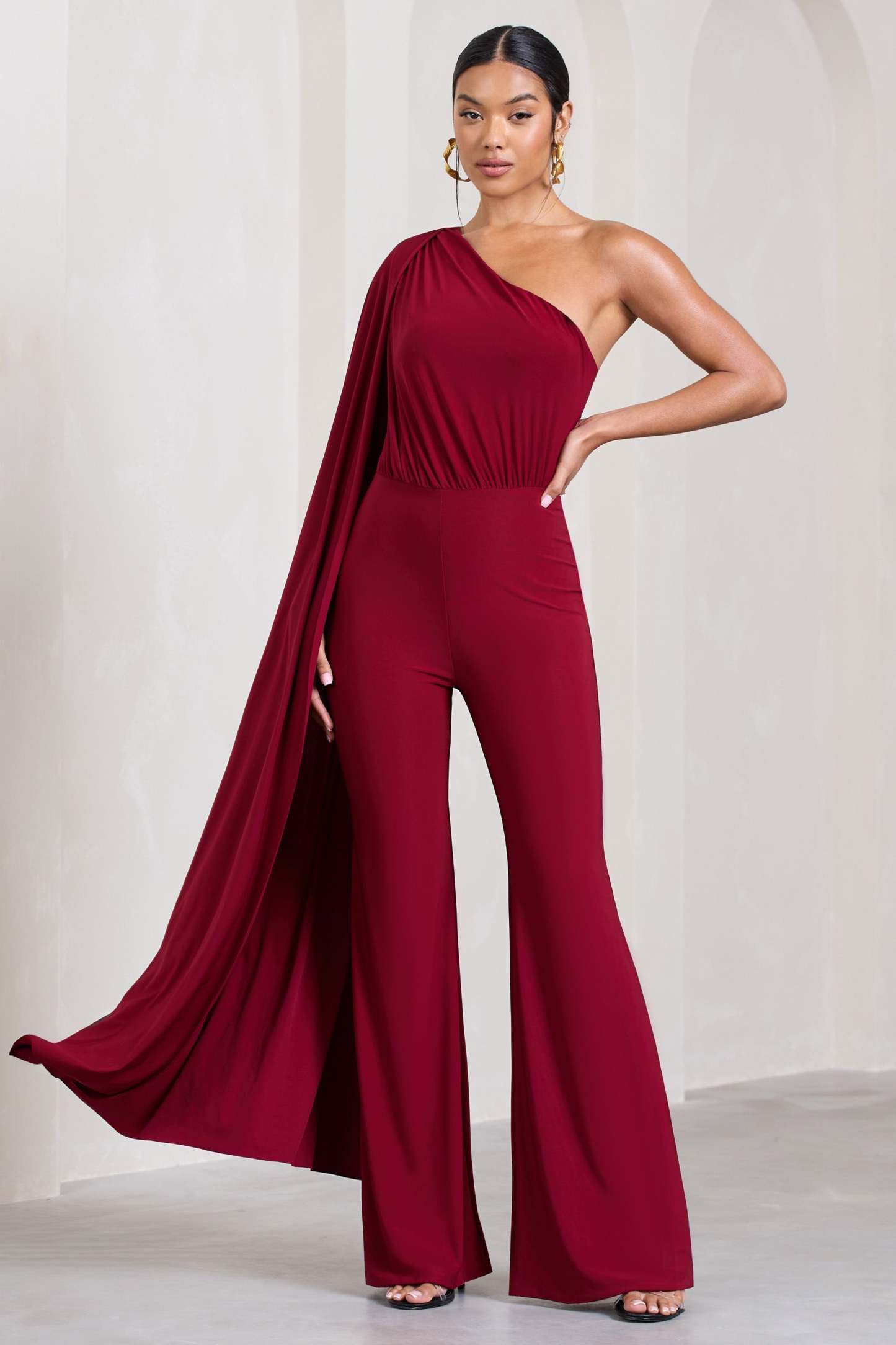 Aurora Berry One Shoulder Cape Sleeve Jumpsuit-Fashionmomo.All Rights Reserved