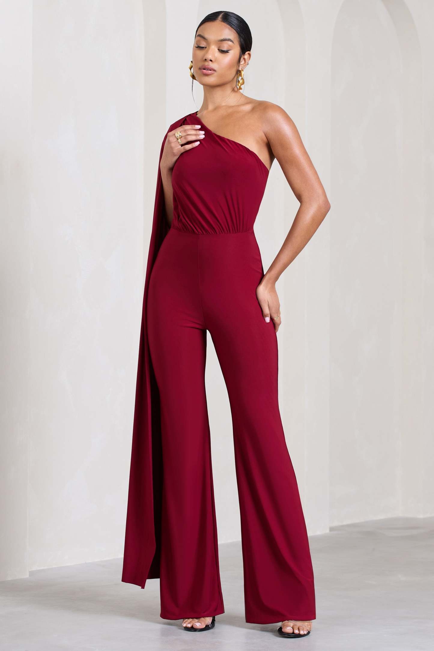 Aurora Berry One Shoulder Cape Sleeve Jumpsuit-Fashionmomo.All Rights Reserved