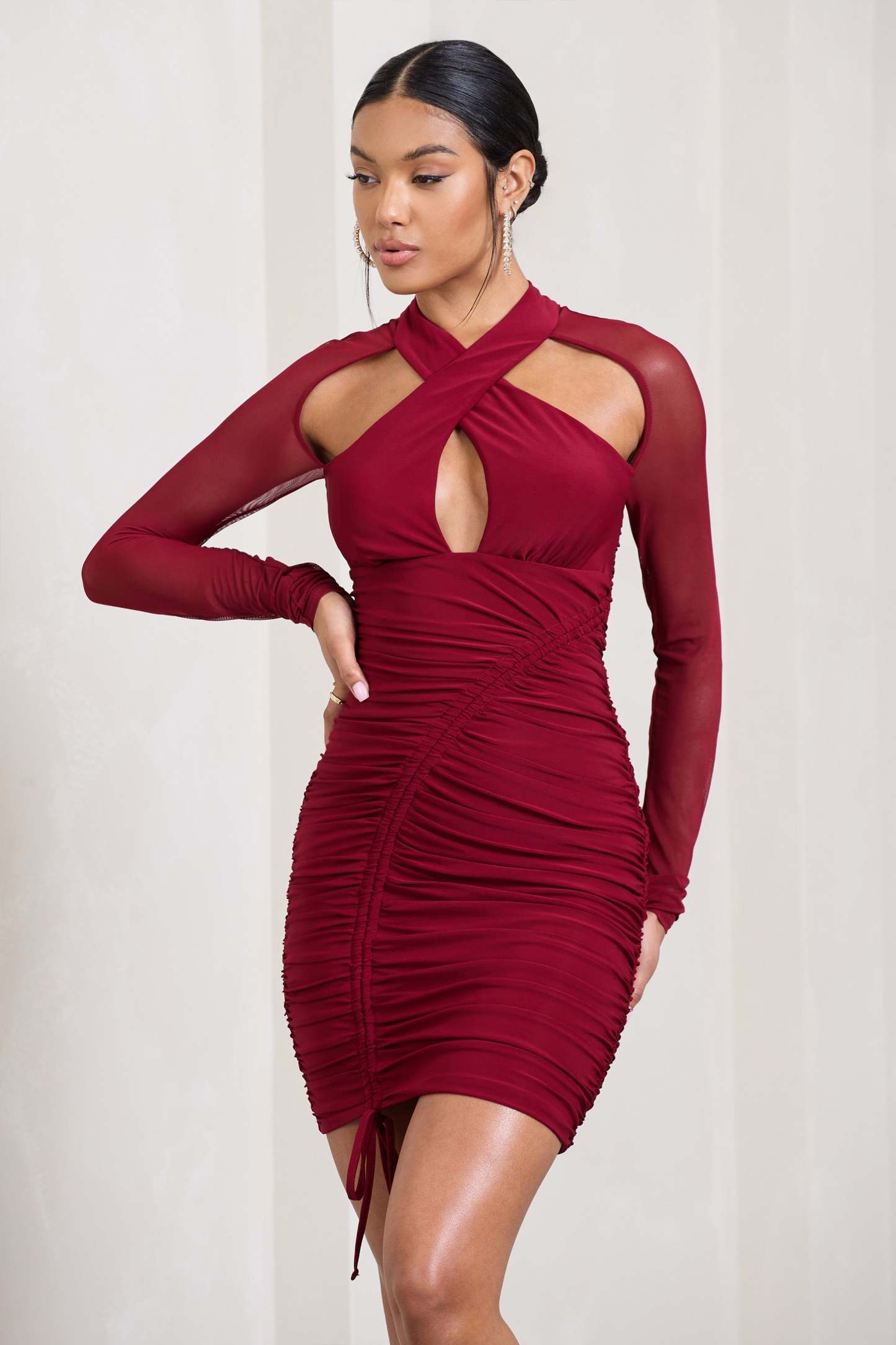 Eyes On You Berry Long Sleeve Halter Neck Mini Dress-Fashionmomo.All Rights Reserved