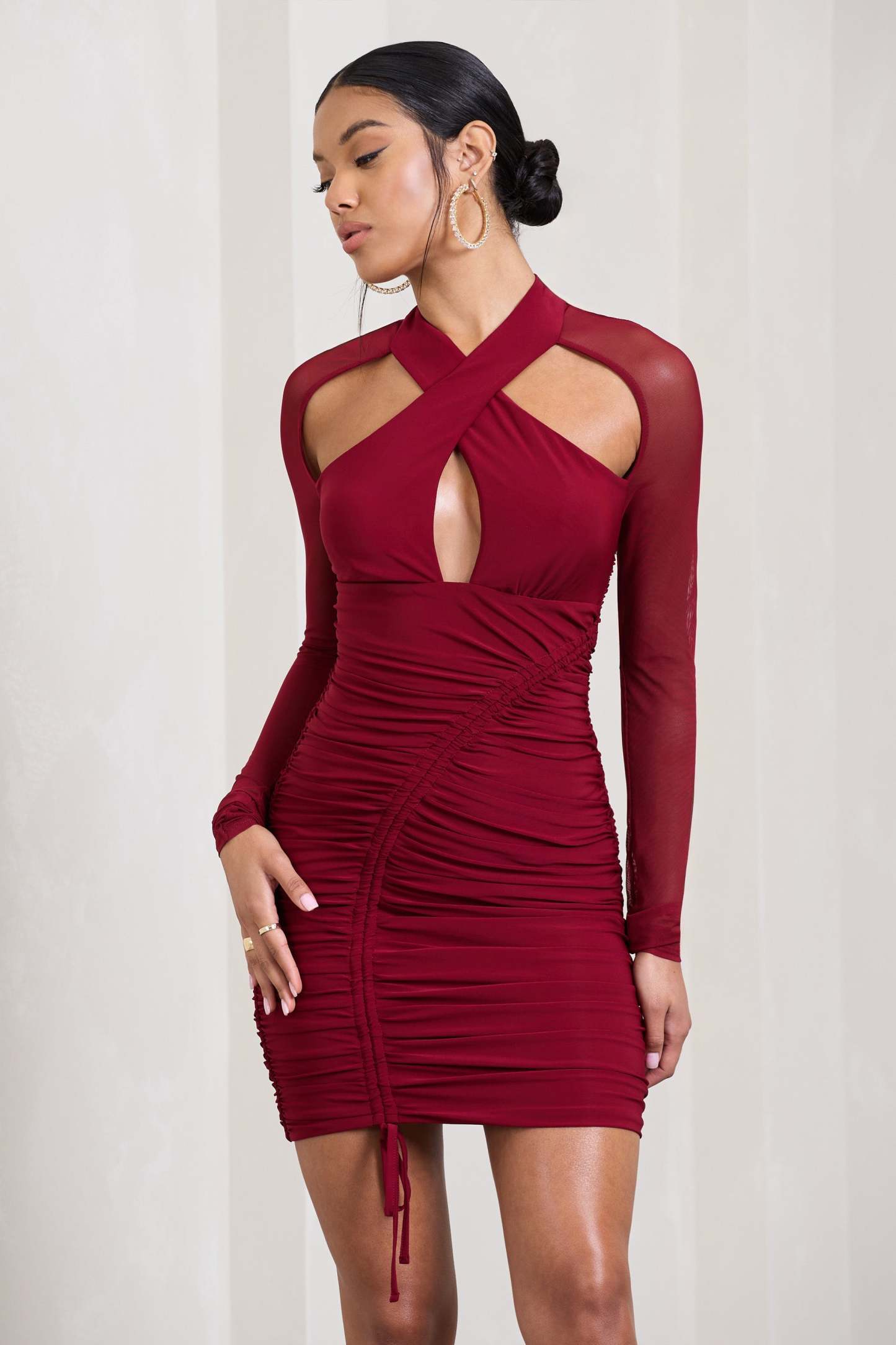 Eyes On You Berry Long Sleeve Halter Neck Mini Dress-Fashionmomo.All Rights Reserved