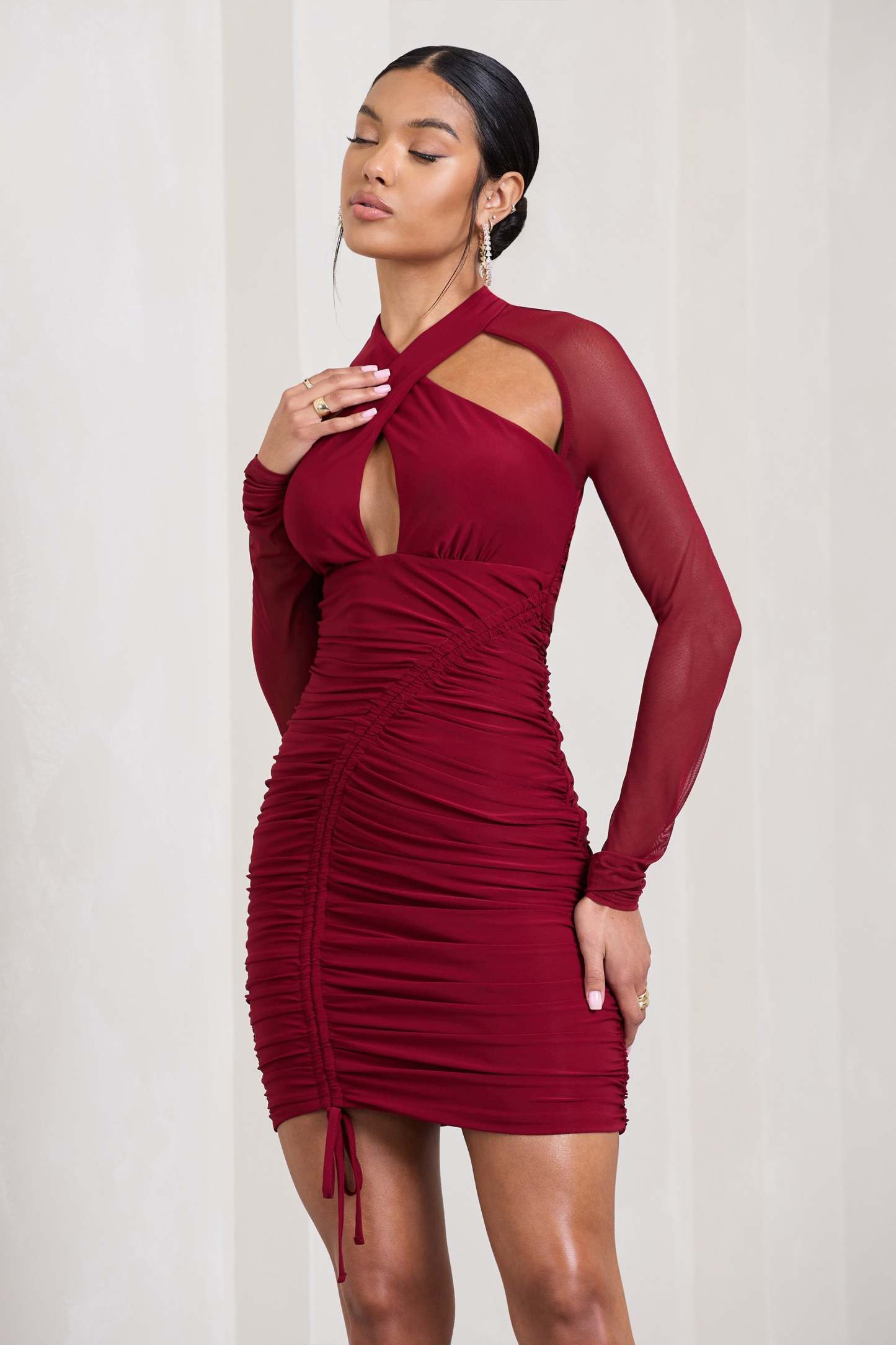 Eyes On You Berry Long Sleeve Halter Neck Mini Dress-Fashionmomo.All Rights Reserved