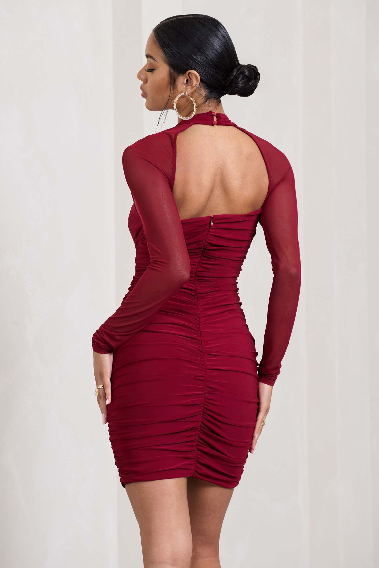 Eyes On You Berry Long Sleeve Halter Neck Mini Dress-Fashionmomo.All Rights Reserved