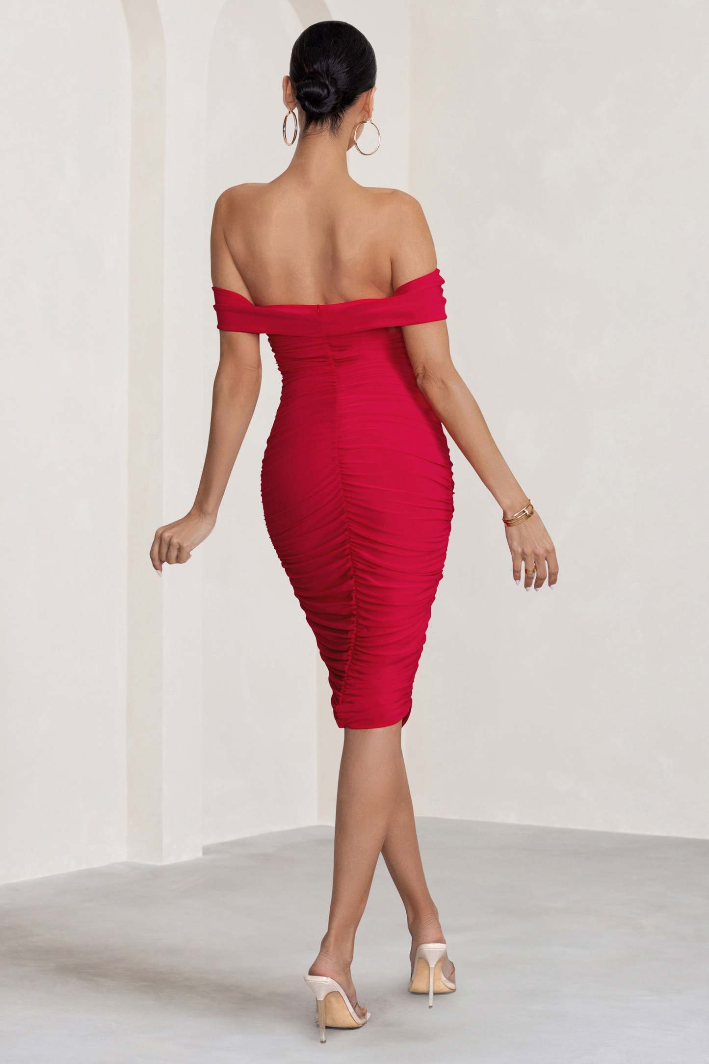 Gratitude Red Off The Shoulder Ruched Midi Dress-Fashionmomo.All Rights Reserved