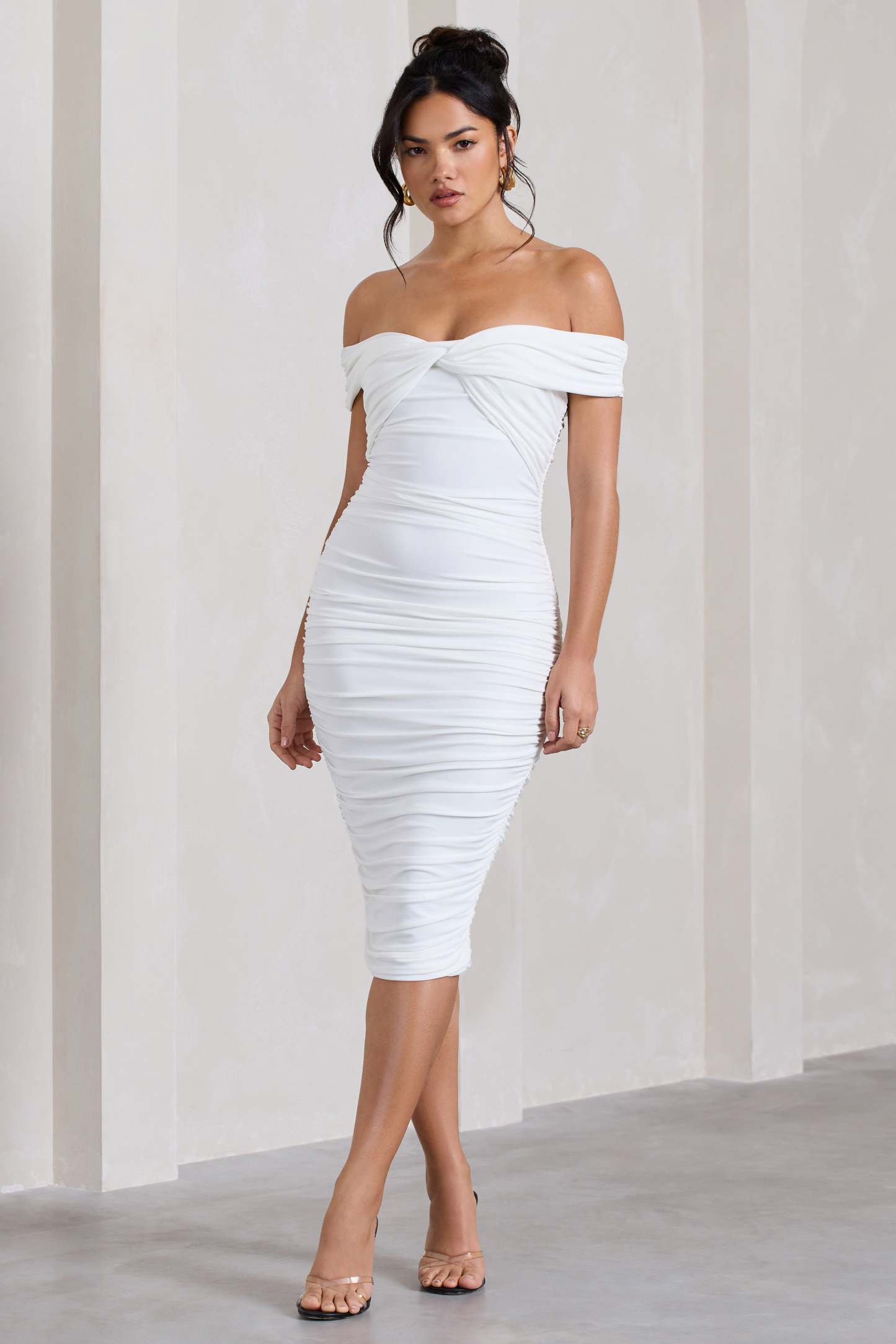 Gratitude White Off The Shoulder Ruched Midi Dress-Fashionmomo.All Rights Reserved