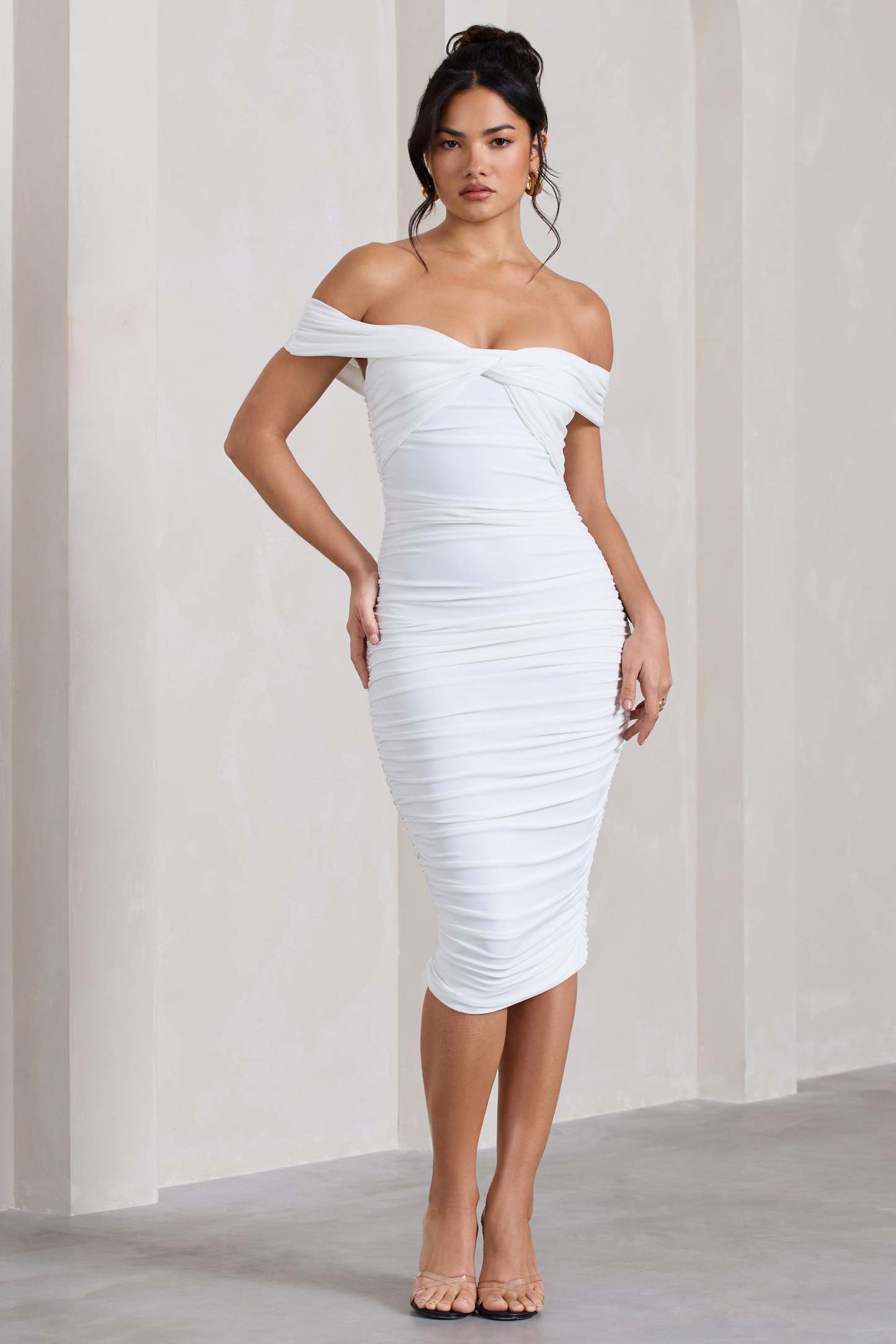 Gratitude White Off The Shoulder Ruched Midi Dress-Fashionmomo.All Rights Reserved