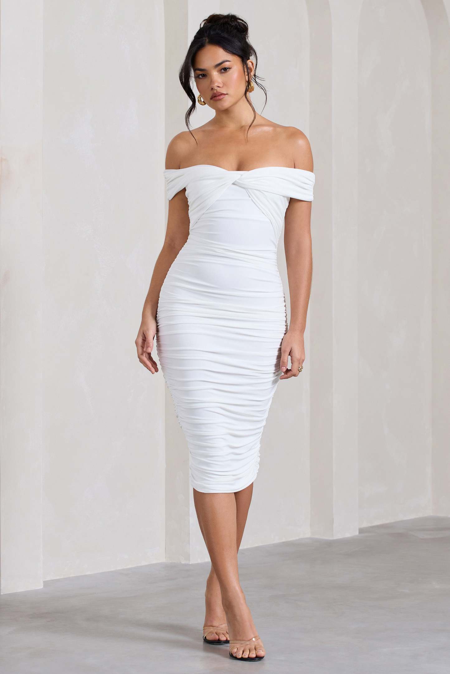 Gratitude White Off The Shoulder Ruched Midi Dress-Fashionmomo.All Rights Reserved