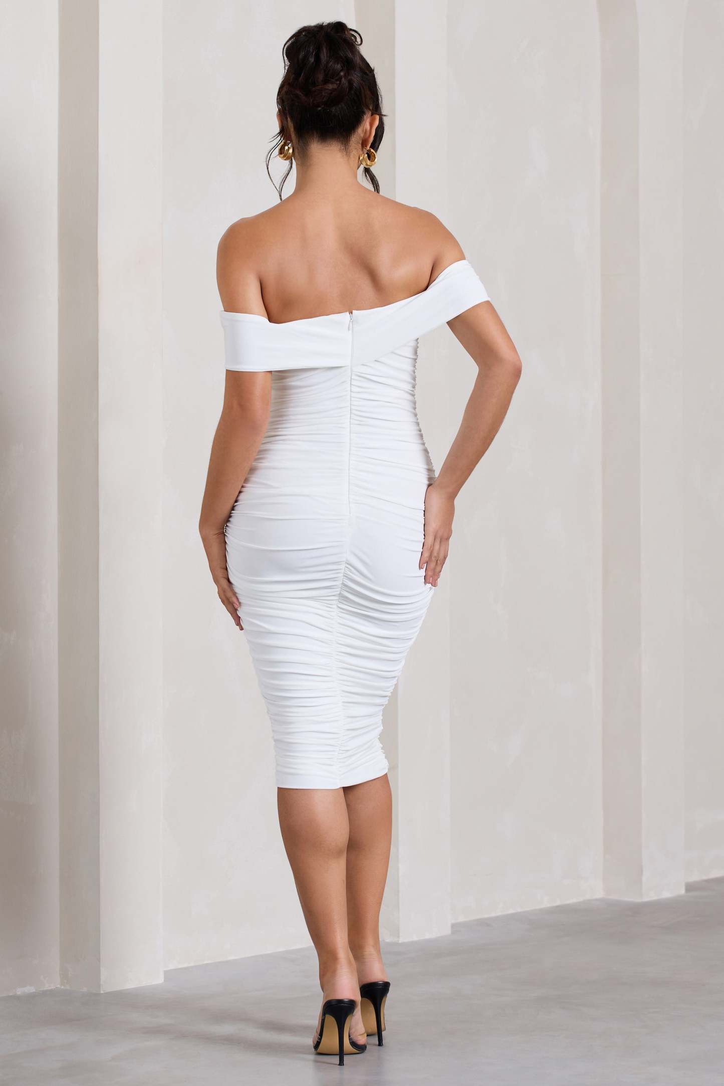 Gratitude White Off The Shoulder Ruched Midi Dress-Fashionmomo.All Rights Reserved