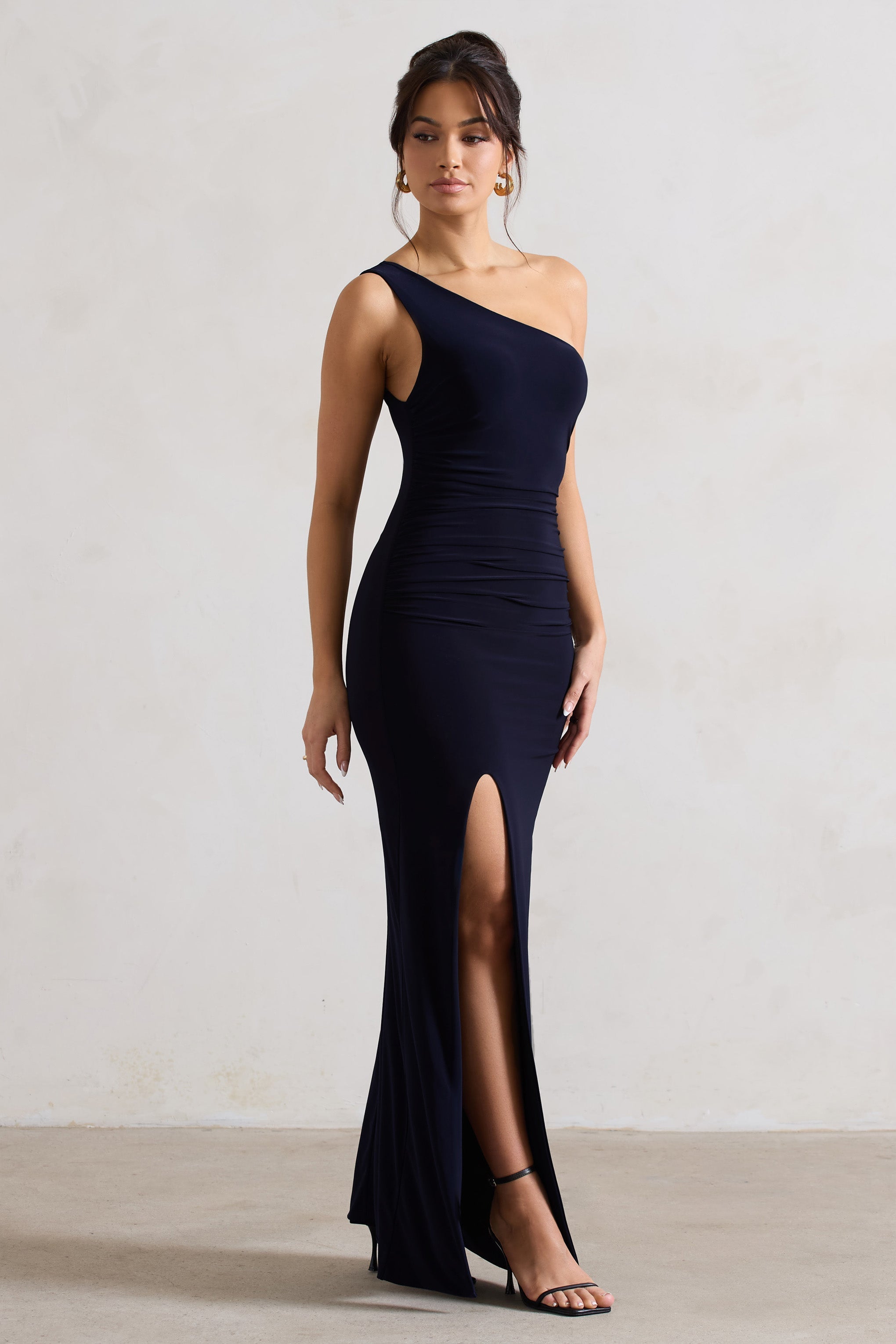 Ethereal Navy One Shoulder Ruched Split Maxi Dress-Fashionmomo.All Rights Reserved