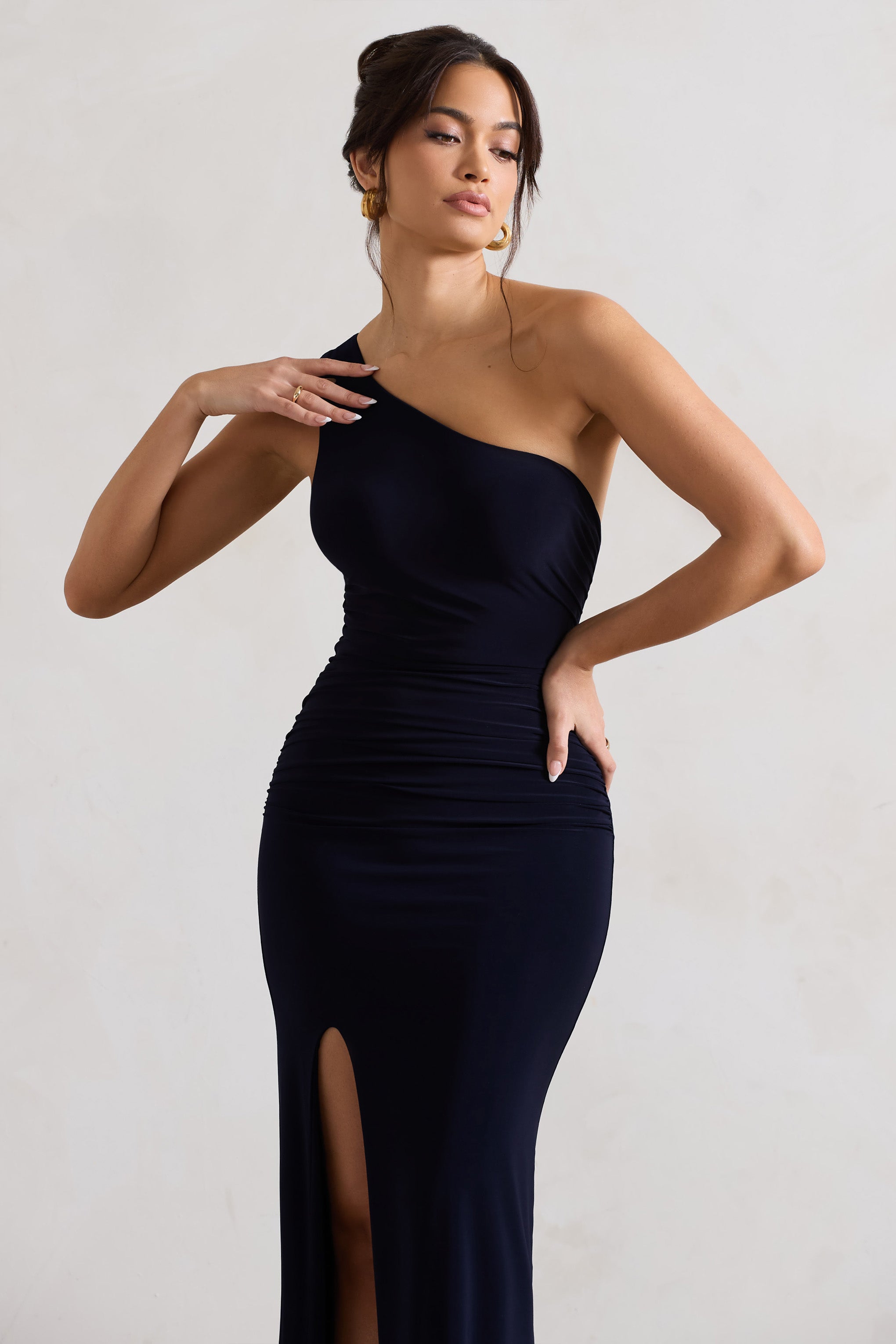 Ethereal Navy One Shoulder Ruched Split Maxi Dress-Fashionmomo.All Rights Reserved