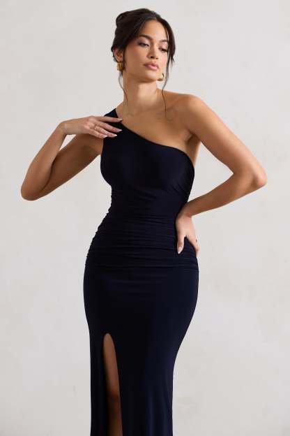 Ethereal Navy One Shoulder Ruched Split Maxi Dress-Fashionmomo.All Rights Reserved