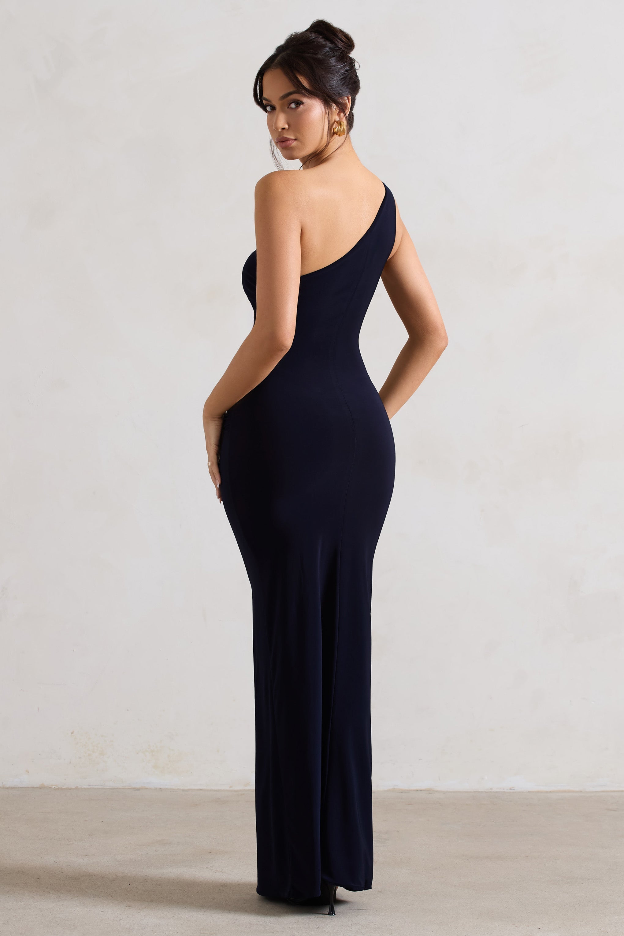 Ethereal Navy One Shoulder Ruched Split Maxi Dress-Fashionmomo.All Rights Reserved