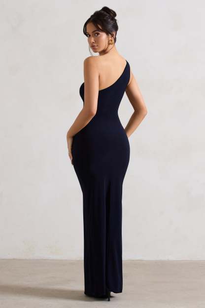 Ethereal Navy One Shoulder Ruched Split Maxi Dress-Fashionmomo.All Rights Reserved