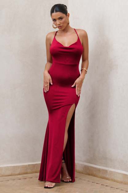In My Feelings Cherry Red Cowl Neck Split Maxi Dress-Fashionmomo.All Rights Reserved