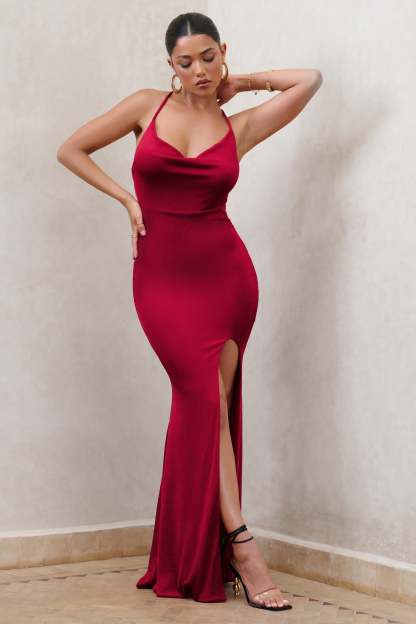 In My Feelings Cherry Red Cowl Neck Split Maxi Dress-Fashionmomo.All Rights Reserved
