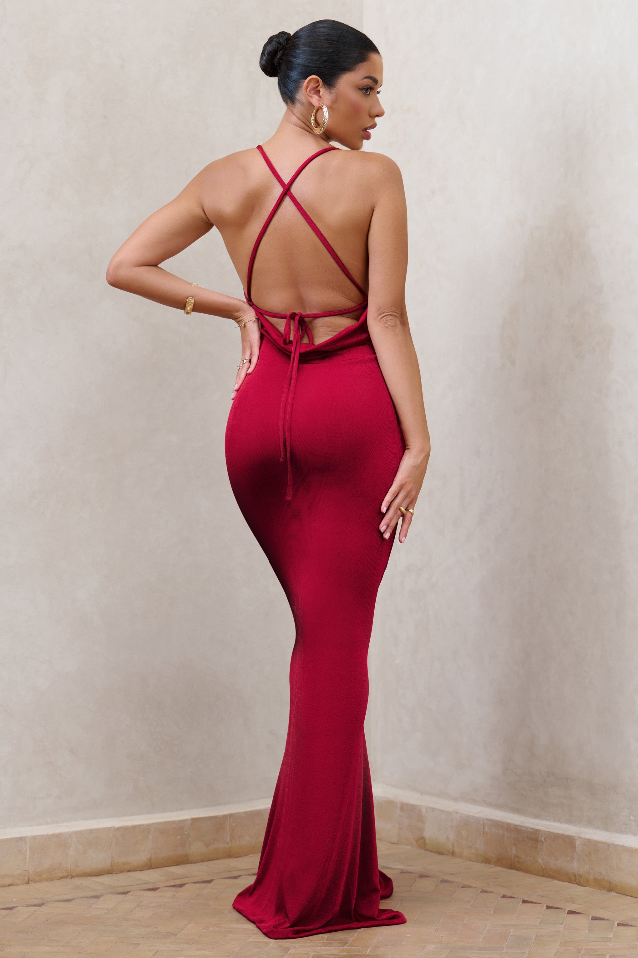In My Feelings Cherry Red Cowl Neck Split Maxi Dress-Fashionmomo.All Rights Reserved