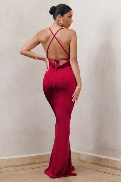 In My Feelings Cherry Red Cowl Neck Split Maxi Dress-Fashionmomo.All Rights Reserved
