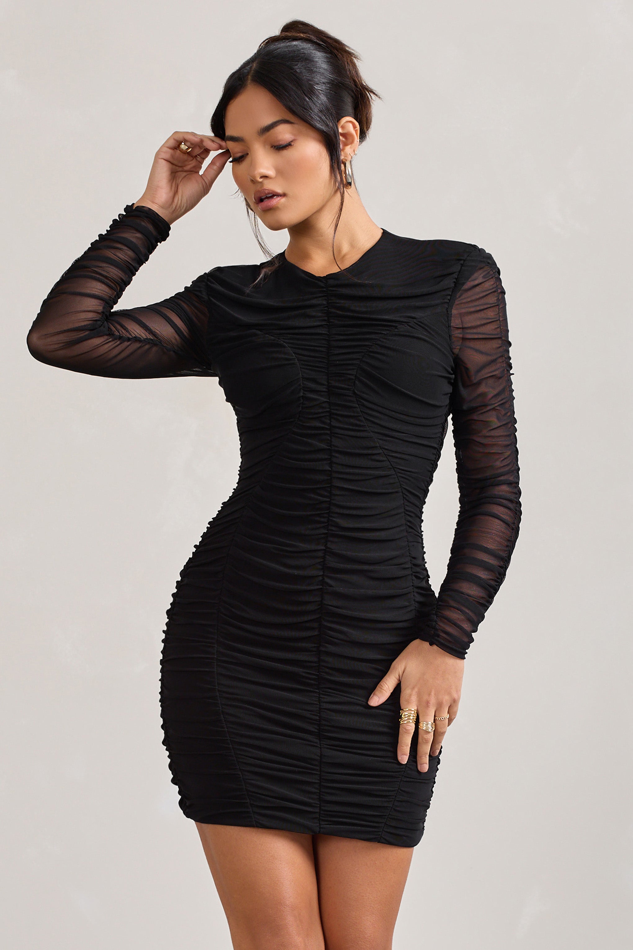 Euphoria Black Ruched Long Sleeve Mini Dress-Fashionmomo.All Rights Reserved