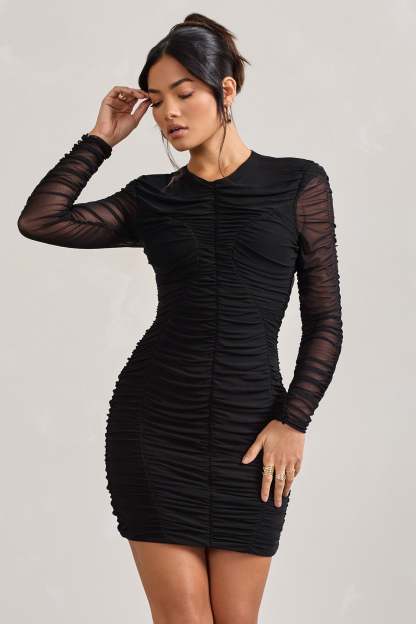 Euphoria Black Ruched Long Sleeve Mini Dress-Fashionmomo.All Rights Reserved